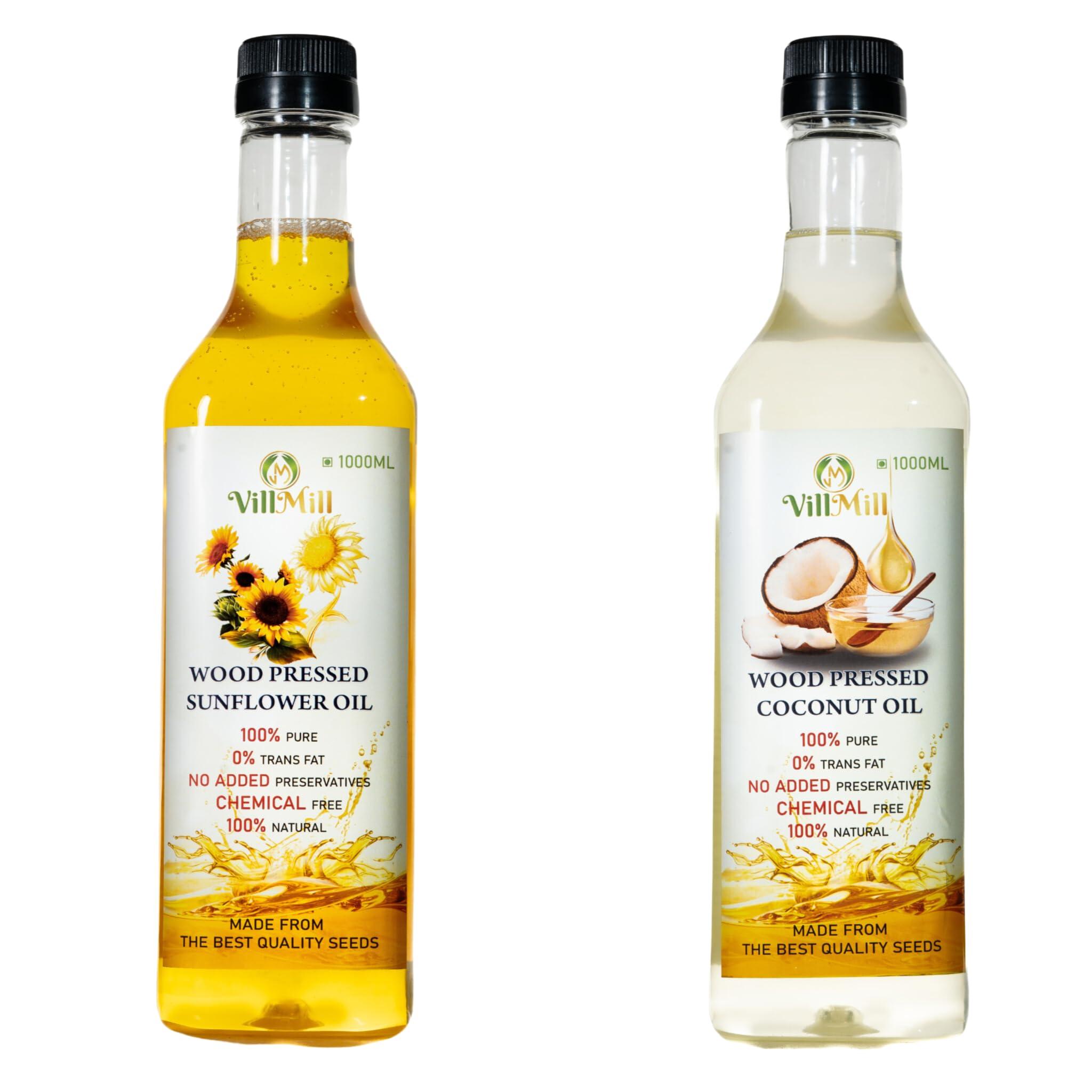 VILLMILL Villmill Woodpressed Coconut Oil & Sunflower Oil Combo - 1 Liter, Premium Cold-Pressed, Non-GMO, Pure & Natural Oils for Cooking & Skin Care