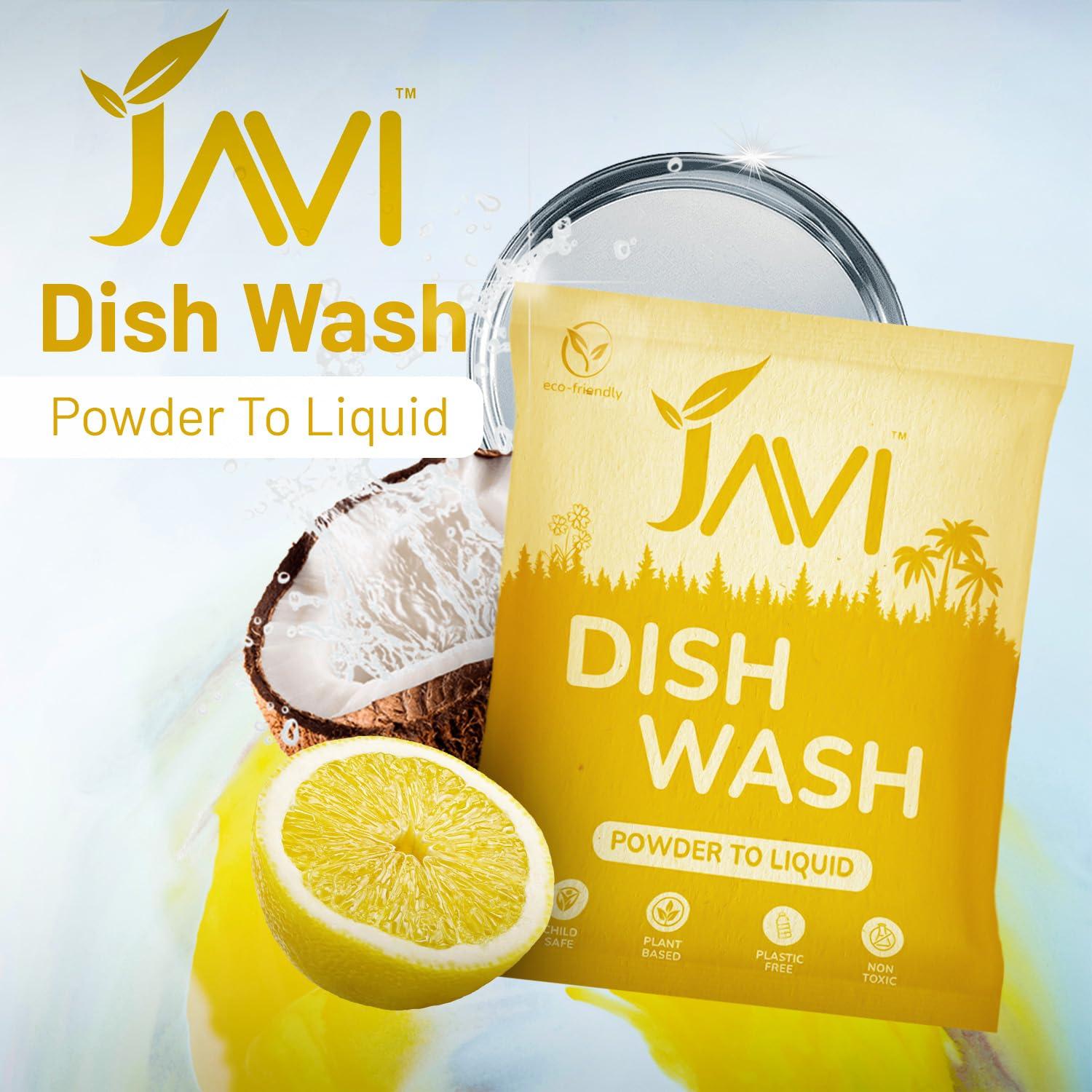 JAVI JAVI Dish Wash Powder to Liquid Refill Pack (10 Sachet = 5 Ltr) | Natural, Plant Based, Non Toxic & Eco-Friendly | Remove tough grease, soft on hands | Baby Safe & Pet safe | Crockery wash