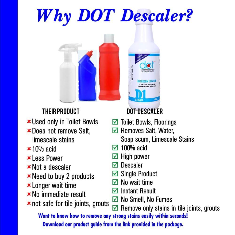 DOT Homecare Products DOT Bathroom DESCALER 400ml, Tiles Cleaner, Remove Heavy Salt Stains, Hard Water Marks, Lime Scale, Calcium, Soap Scum, Mold, Rust And Fungus, Walls & Floor - ZERO FUMES, & SMELL