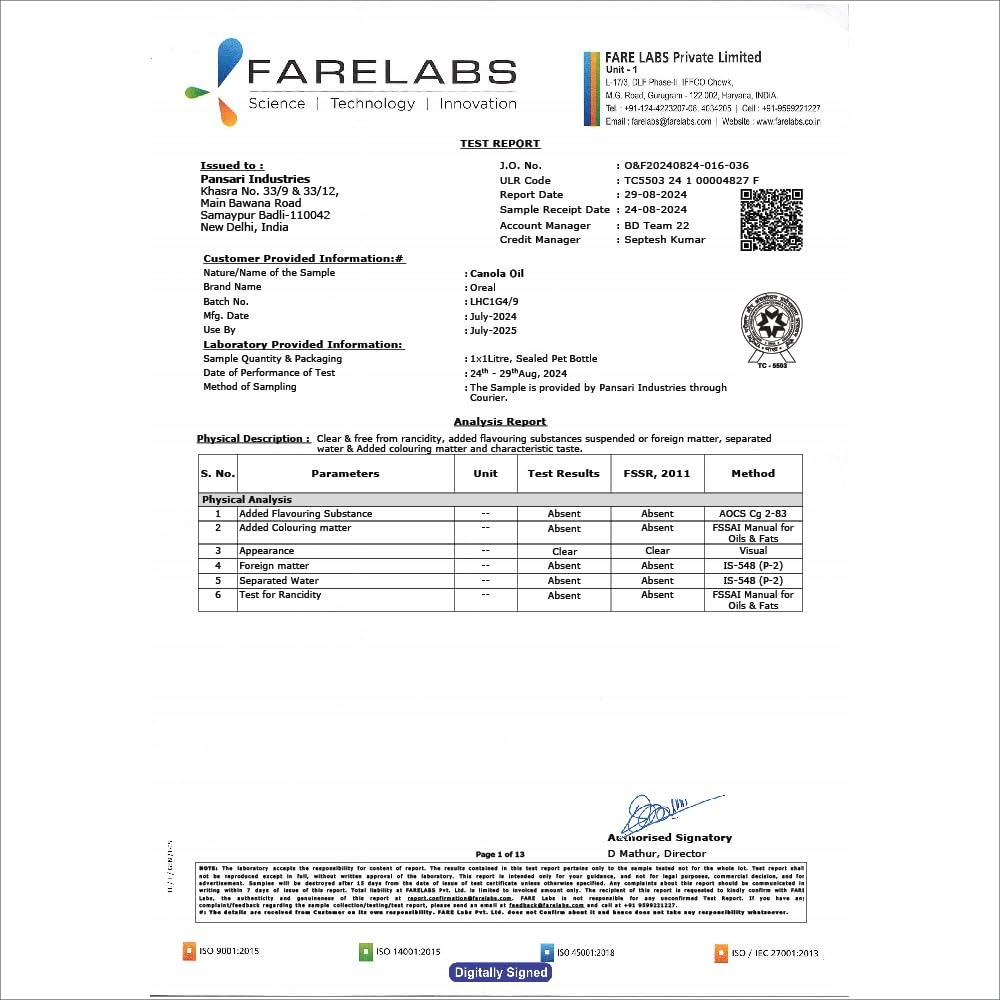 Oreal Oreal Premium Pure Canola Oil, 1 Litre for Cooking | Natural | Chemical-Free | Healthiest Cooking Oil | Rich in Omega-3 and Omega-6 | Improve in Metabolisms & Keeps Active | Preservative Free Suitable for all Ages