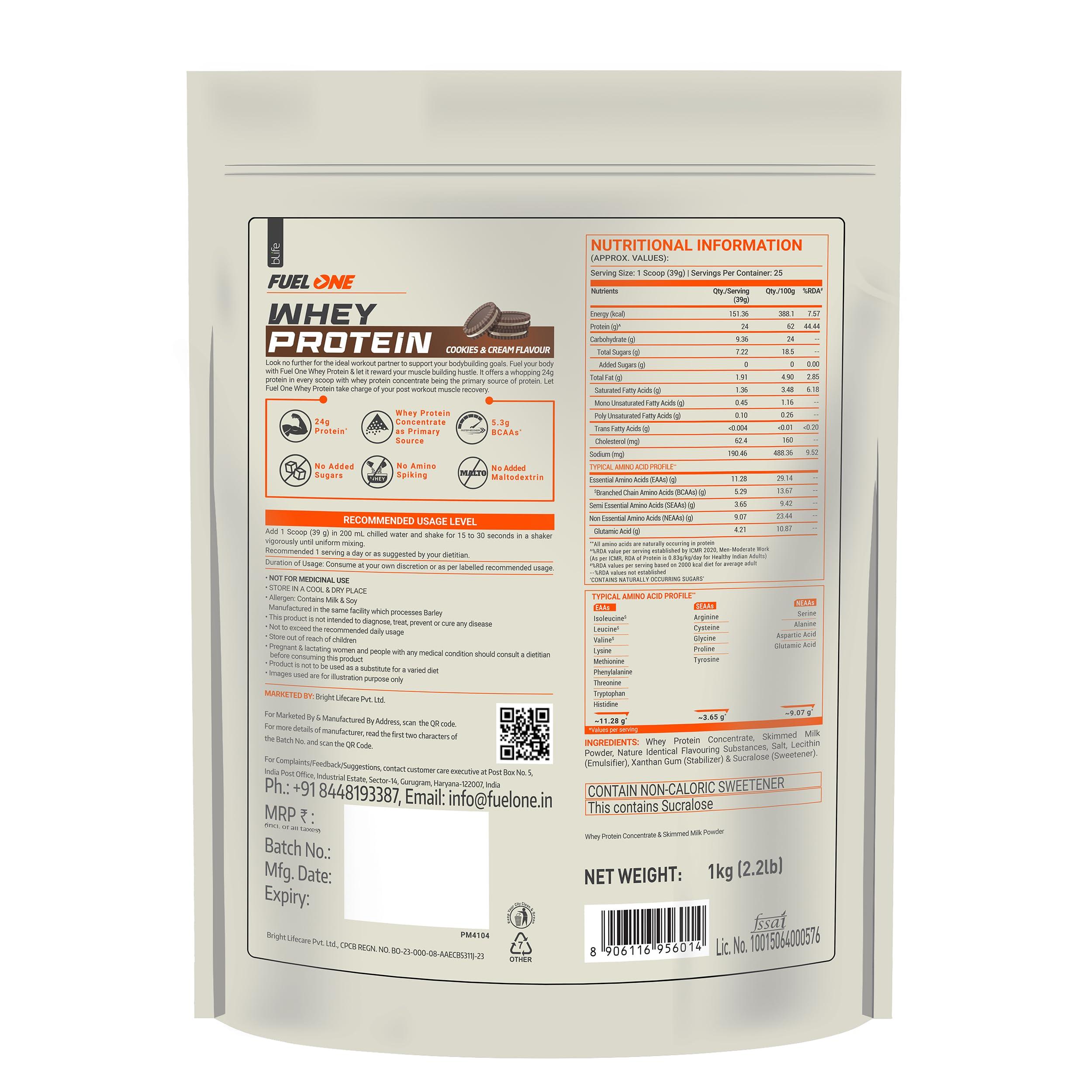 MuscleBlaze FUELONE Whey Protein (Cookies & Cream, 1kg / 2.2lbs) | 24g Protein | 5.29g BCAA & 4.2g Glutamic Acid