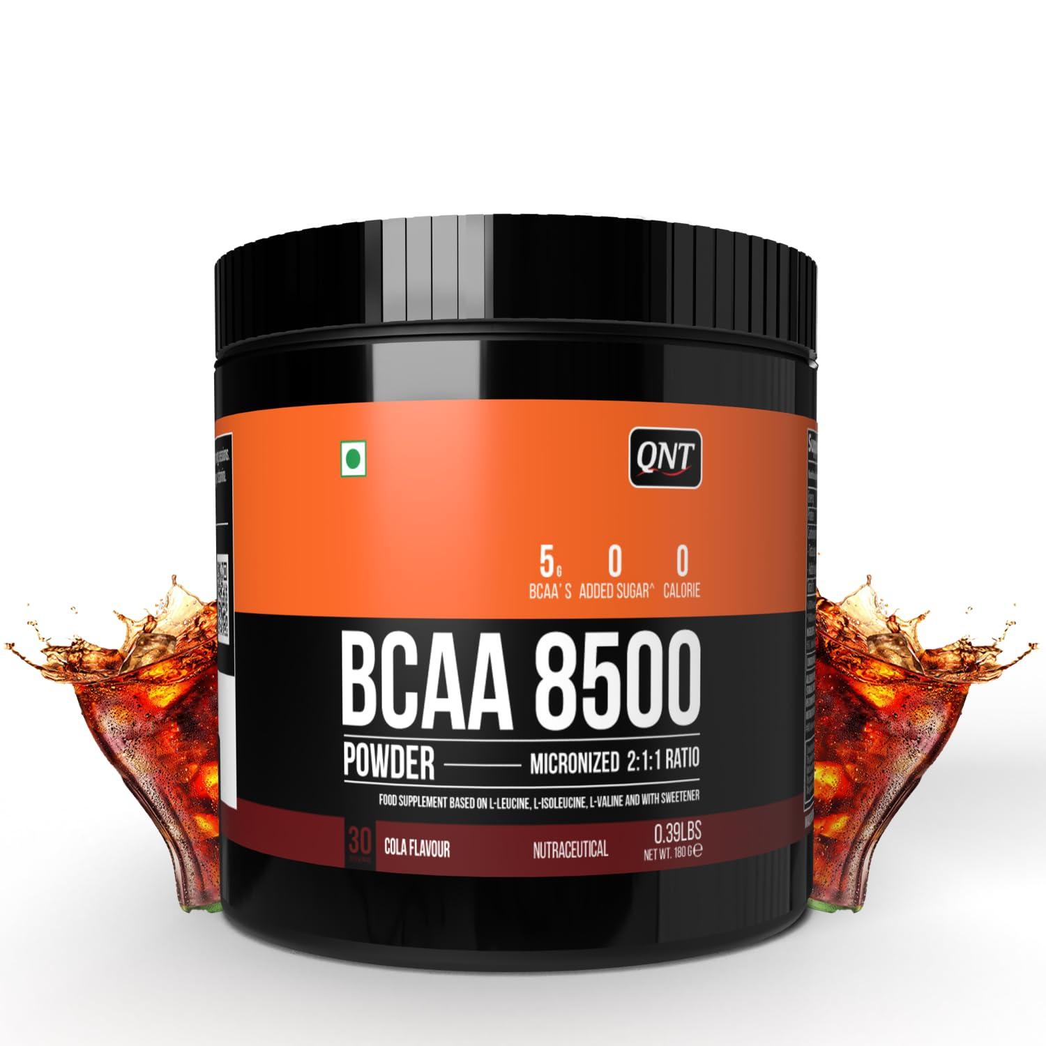 QNT QNT BCAA 8500 | 180g | 30 Servings | Cola Flavour | 2500mg L-Leucine, 1250mg L-Isoleucine, 1250mg L-Valine | Hydration & Muscle Recovery Supplement | Pre/Post Workout for Strength & Stamina