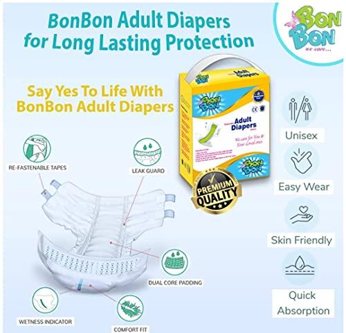 BON BON BonBon Premium Adult Diaper Tape Style Large - 10 Count with Soft Ultra Leak Guard and Anti-Bacterial Absorbent Core (L- 39-59 INCH)
