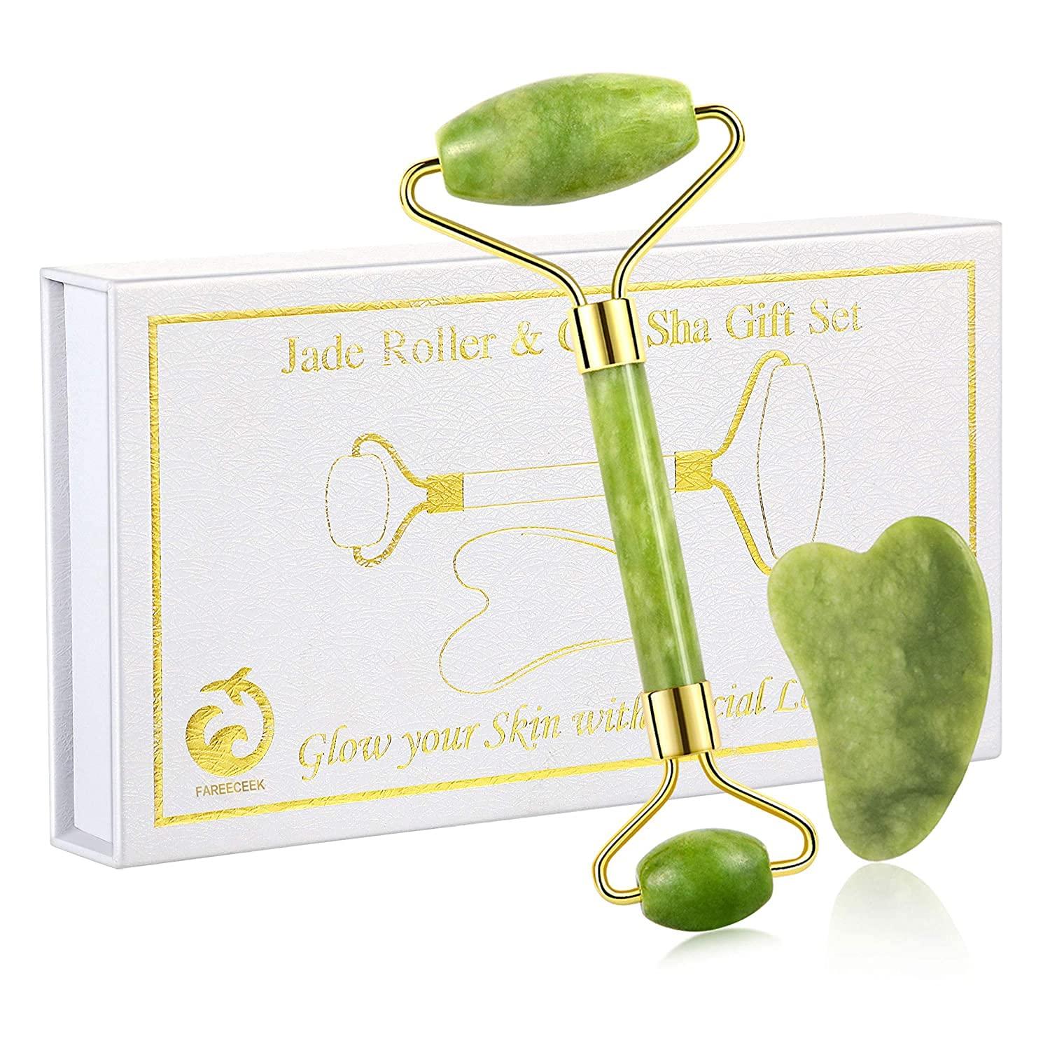 KILO COOL HVAC Jade Roller and Gua Sha Set for Beautiful Skin Detox - Facial Body Eyes Neck Massager Tool Reduce Wrinkles Aging - Original Natural Jade Stone
