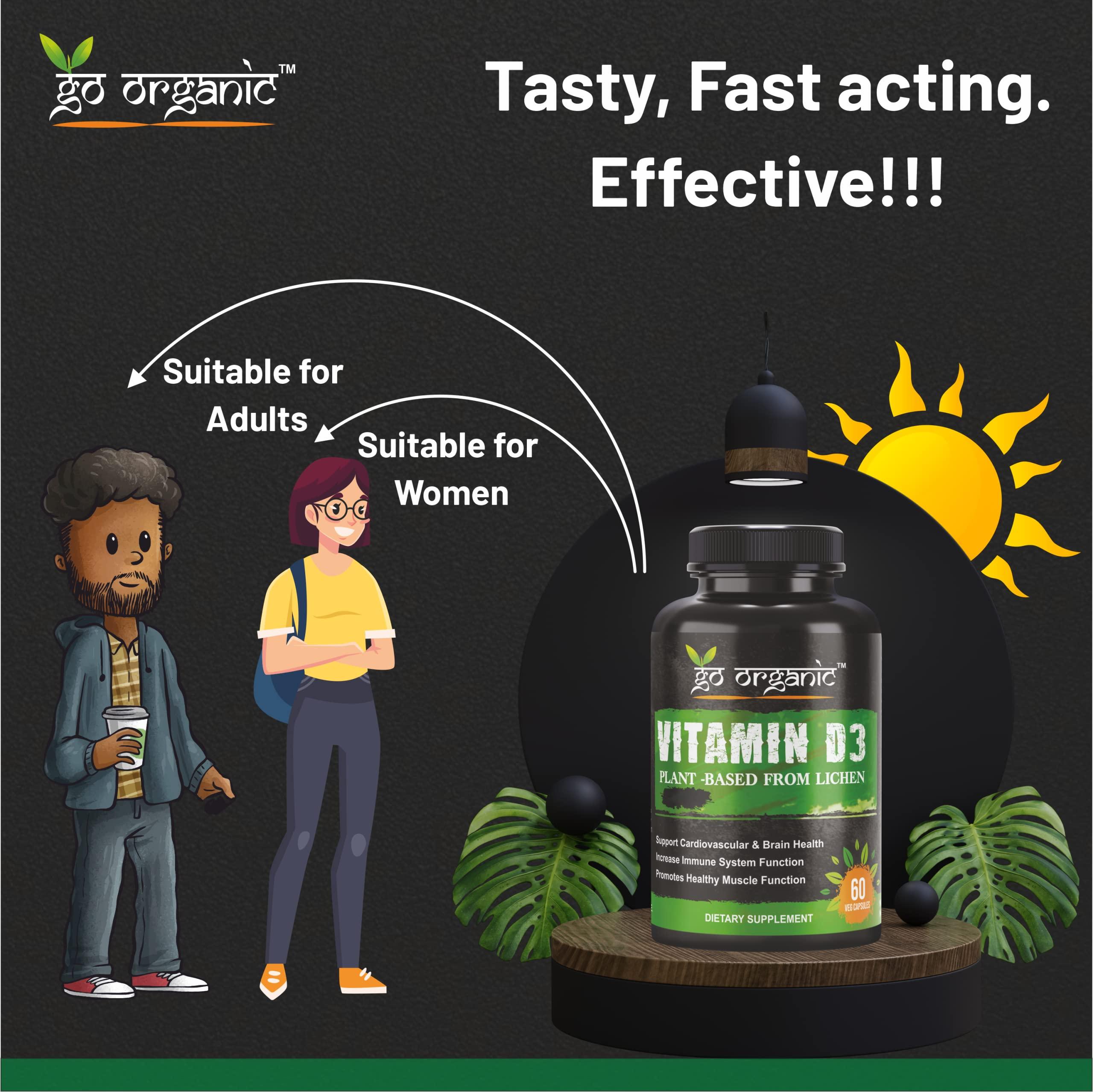 Go Organic Go Organic Vitamin D3 Plant Based from Lichen - Natural D3 Supplement for Immune System, Bone Support, Joint Health - Vegan - Non-GMO - Gluten Free 60 Cap.