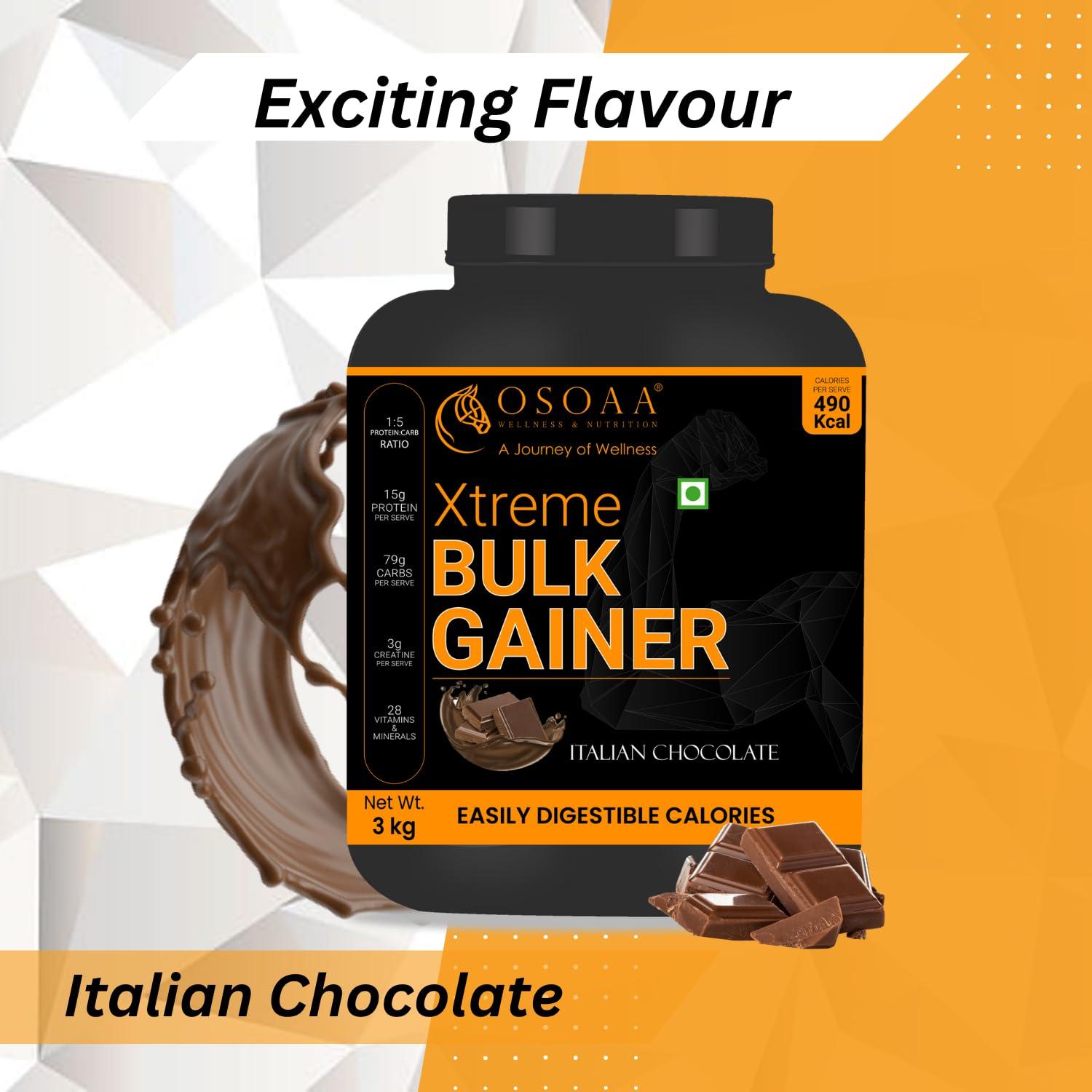 OSOAA OSOAA Bulk Mass Gainer 3Kg | (Italian Chocolate) | 15g Protein |490 Calories | Added 3g Creatine | with Digestive Enzymes | 28 Added Vitamins | For Both Men & Women