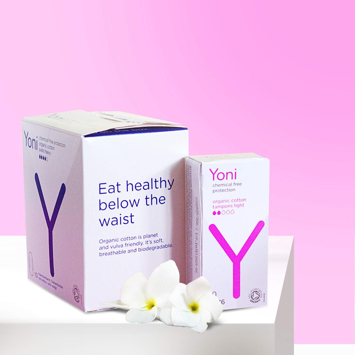 Yoni Yoni Sanitary Pads - Heavy Flow & Tampons - Light Flow - Organic Cotton, Biodegradable, Eco-friendly, No Plastic, Layer Protection, Leak Proof & Optimum Coverage, Designed for Normal-Sensitive Skin, Combo Pack, (10 Sanitary Pads & 10 Tampons)