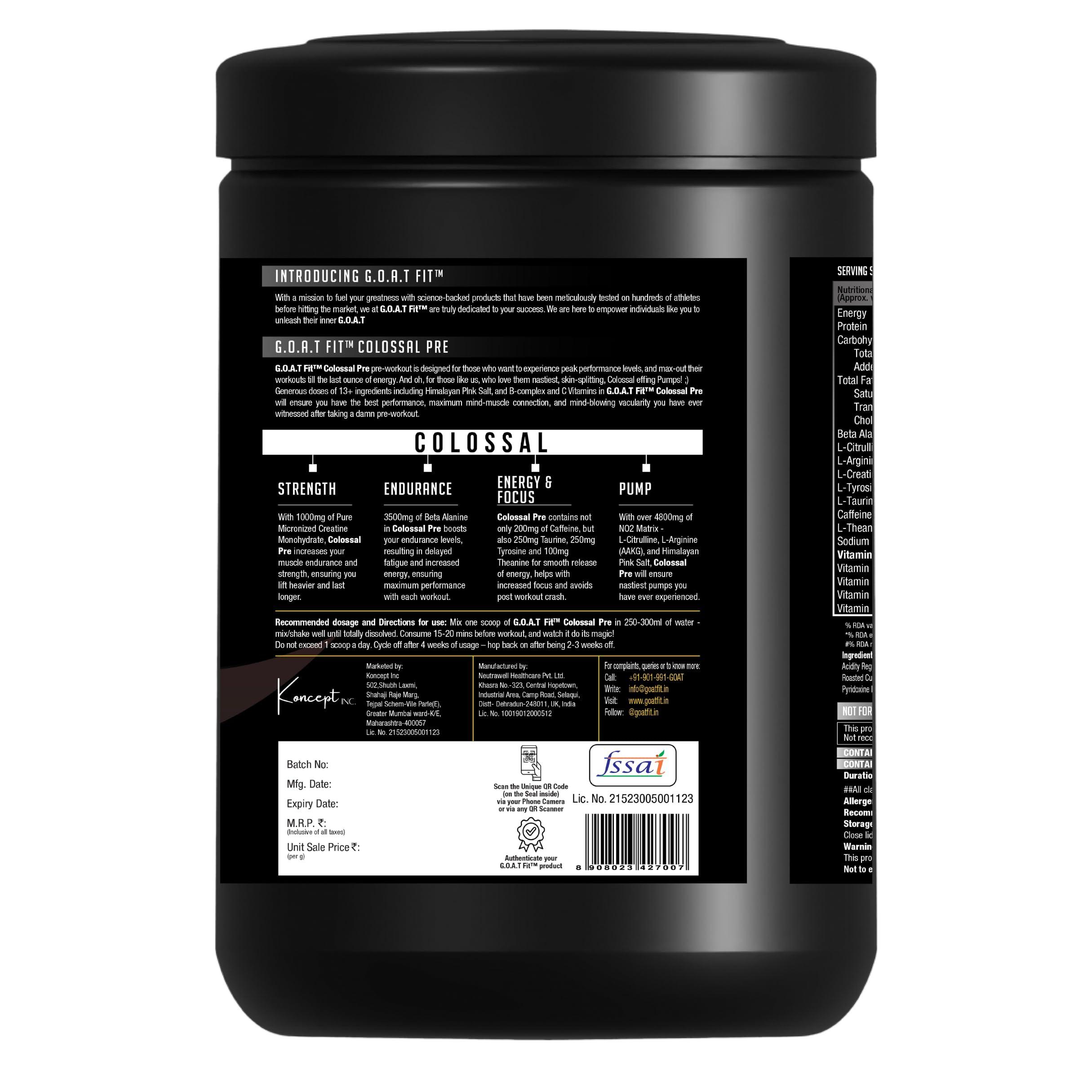 G.O.A.T Fit G.O.A.T Fit Colossal Pre | PreWorkout Powder (Masala Lemonade, 360gm - 30 Servings) 200mg Caffeine 3.5g Beta-Alanine 3g Citrulline 1.5g Arginine 1g Creatine with Himalayan Pink Salt