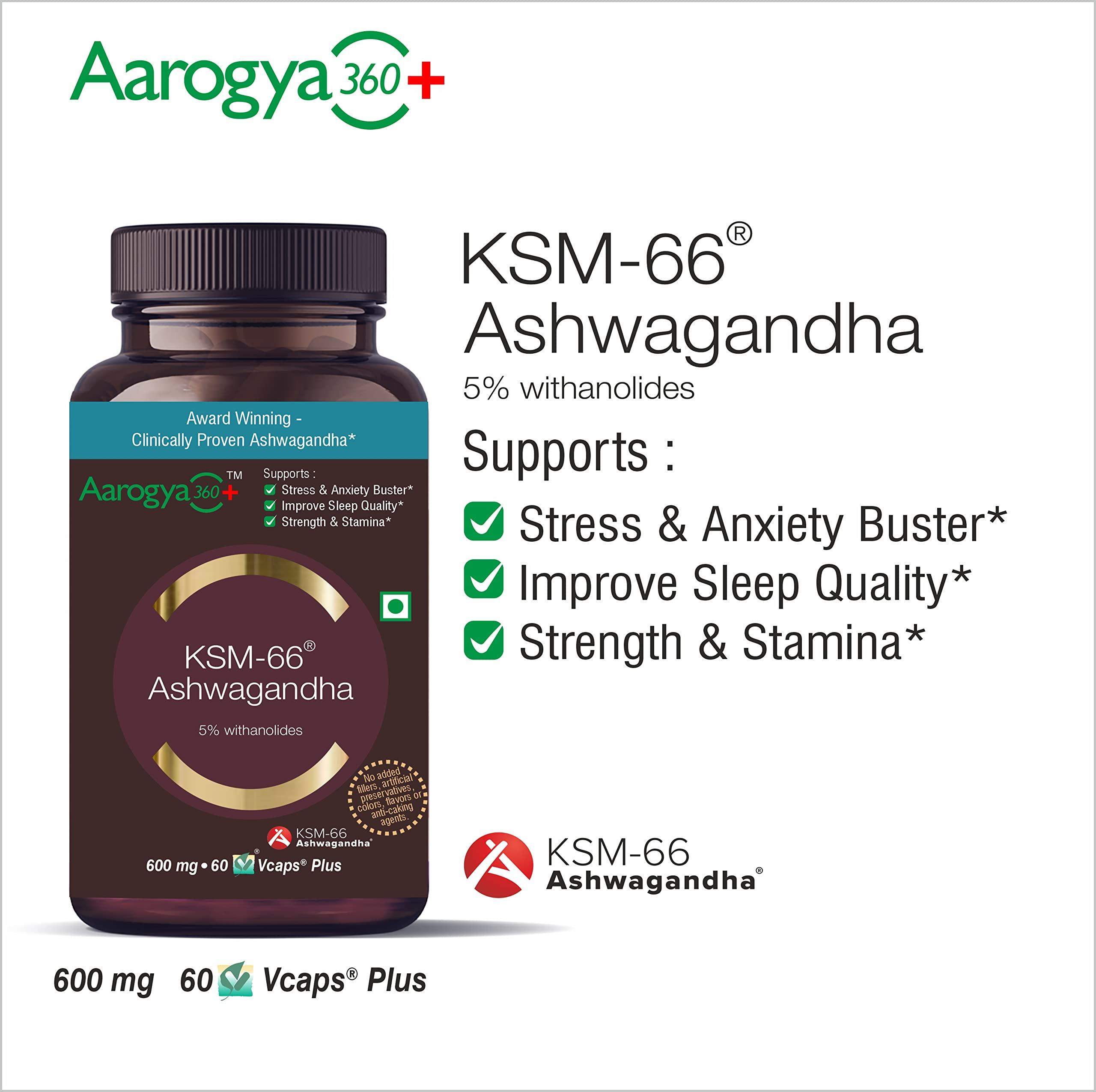 AAROGYA360 Aarogya360 Award winning KSM-66 Ashwagandha + BioPerine, 600 mg, 60 Veg Capsules,5% Withanolides, Stress relief, Strength Stamina, Thyroid Support - Vegan