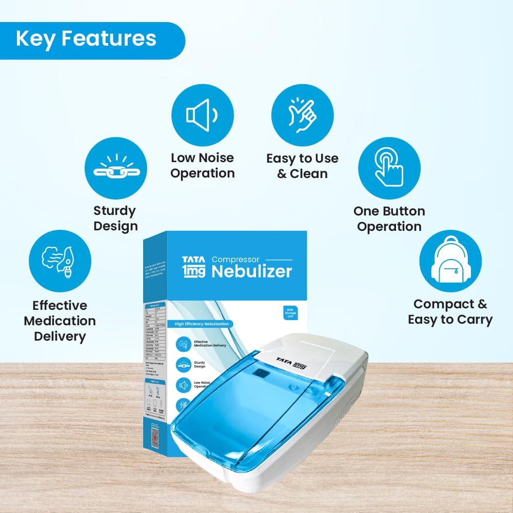 TATA 1MG Tata 1mg Compressor Nebulizer for Kids and Adults with 5 attachments for effective medication delivery