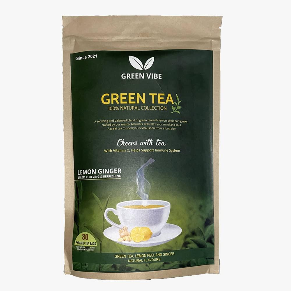 Green Vibe Green Vibe® lemon ginger premium natural dip green tea- lemon peel and ginger antioxidant stress relieving & refreshing immunity boosting - 30 pyramid tea bags [30 cups