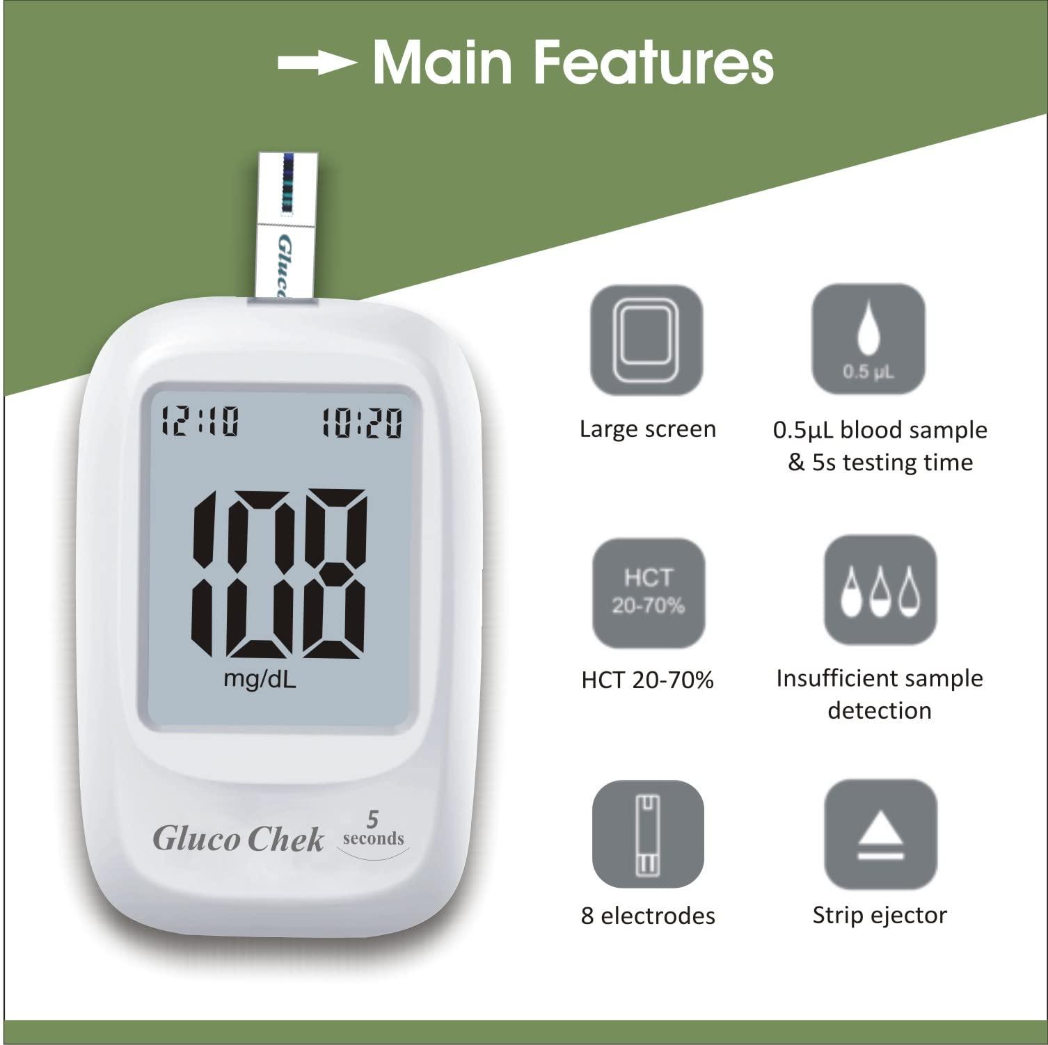 Aspen Aspen Gluco Chek 5 Seconds Glucometer Blood Glucose Sugar Testing Machine With Vial Of 25 Strips, 10 Lancets and A Lancing Device For Accurate Blood Sugar Testing at home