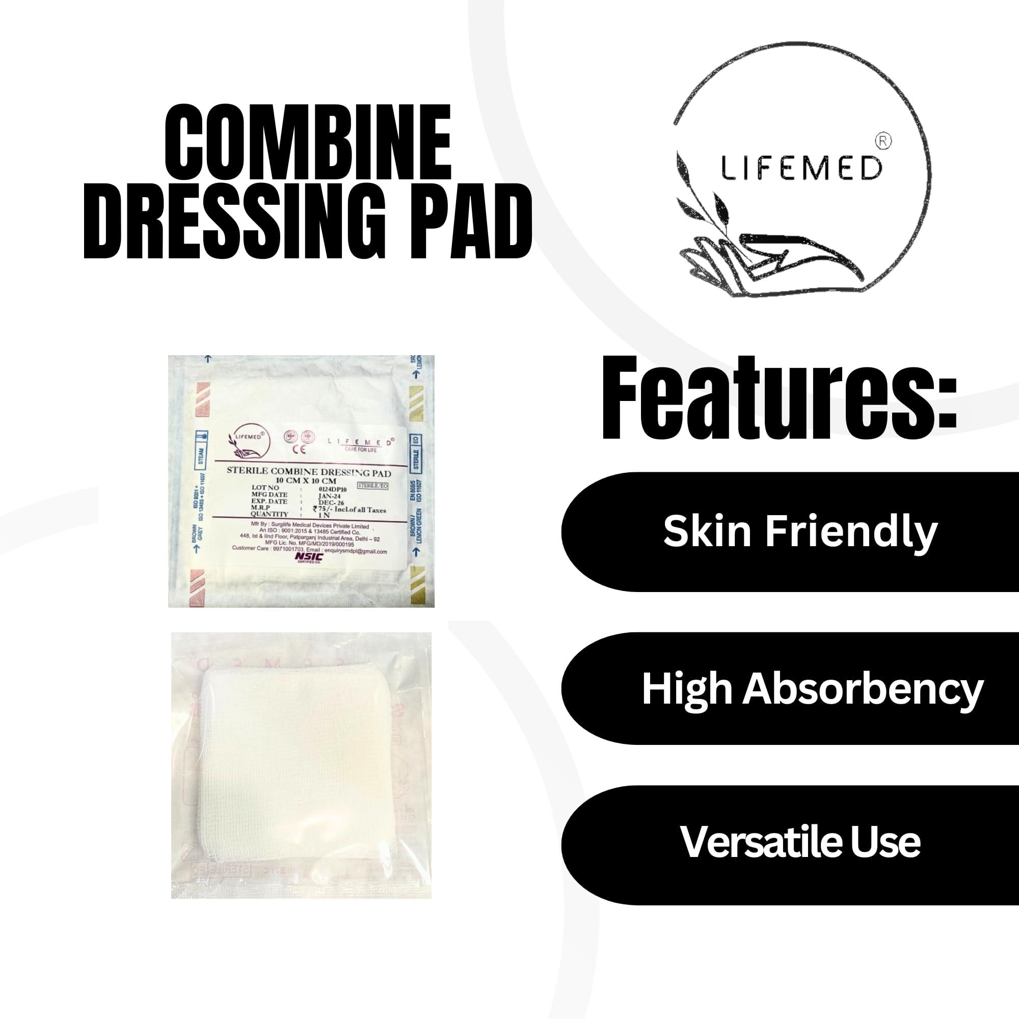 LIFEMED LIFEMED High-Absorbency Combine Dressing Pad 10cm x 10cm, Sterile Medical Wound Dressing, Pack of 5 for First Aid and Wound Care