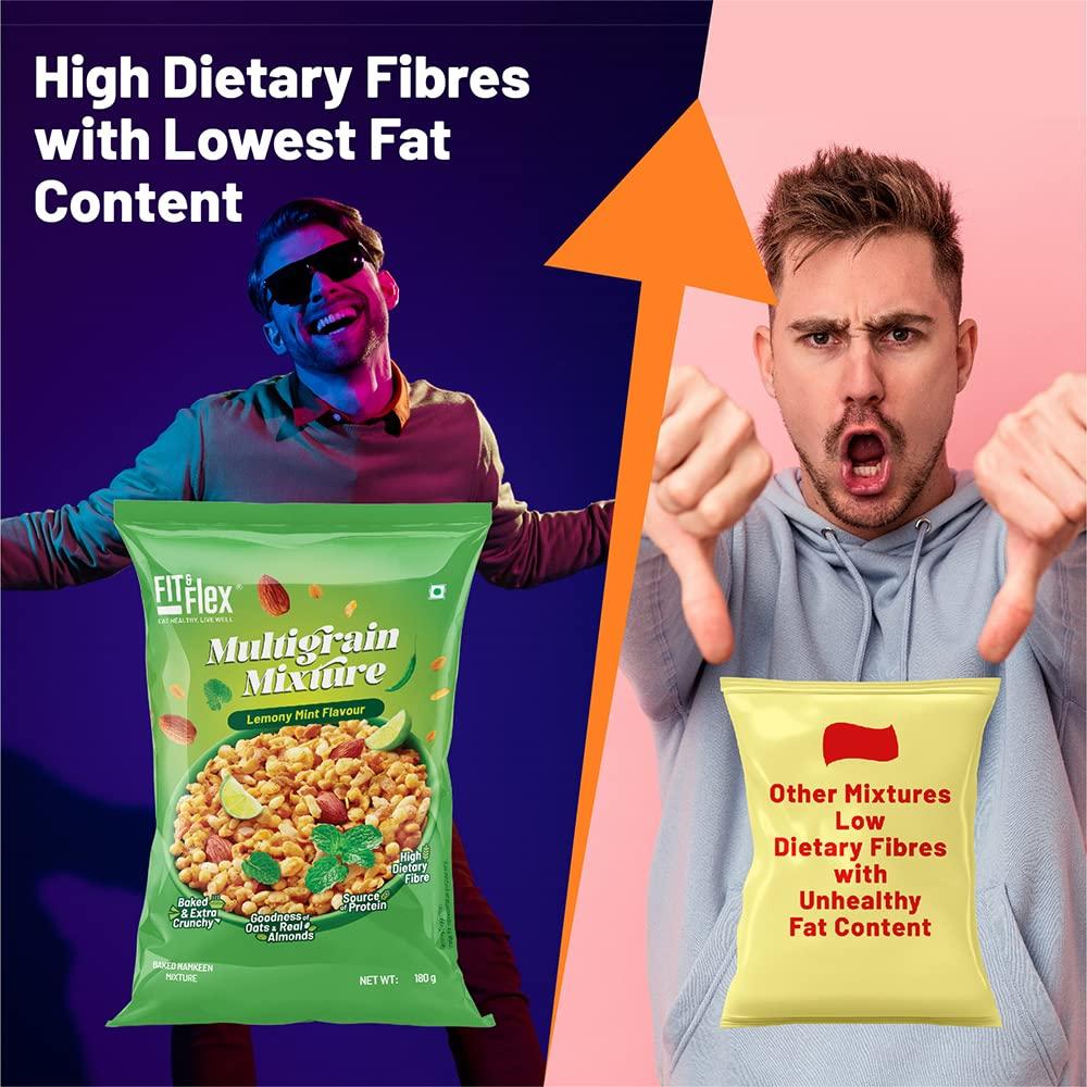 FIT & FLEX Fit & Flex Multigrain Mixture Extra Baked Namkeen and Healthy Snacks Zero Cholesterol High Dietary Fibre All-time Party Tasty Crunchy Snack Lemony Mint - Pack of 1, 180gm