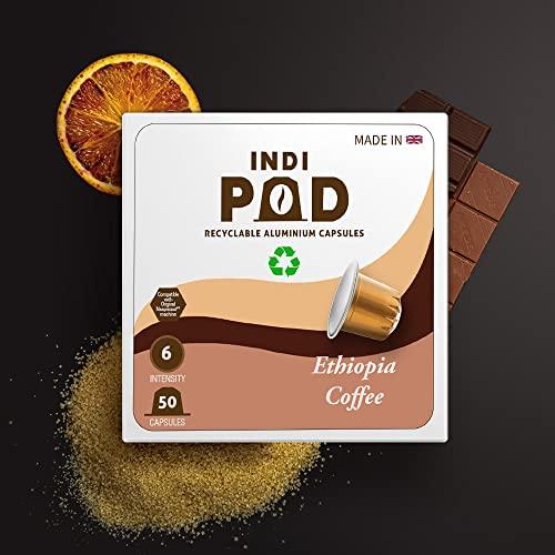 Indi Pod IndiPod, Ethiopia\" Aluminium Coffee Capsules, Intensity 6 of 12, Medium Roast, Made in U.K., Nespresso Compatible Coffee Pods