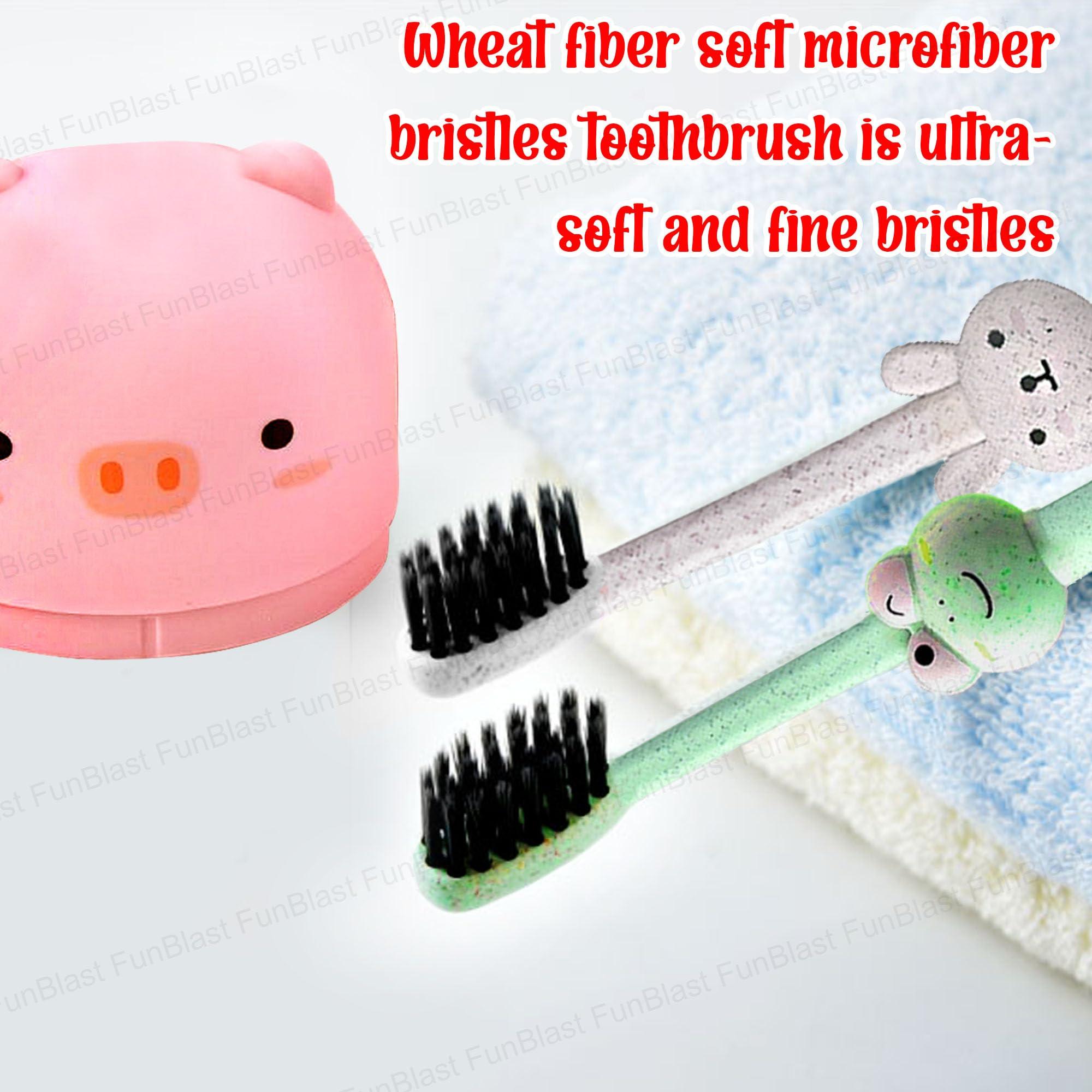 FunBlast FunBlast Kids Toothbrush Travel Toothbrush Cup Set, Wheat Fiber Toothbrush with Portable Box for 3-6 Years old Children, Animal Cartoon Design Manual Toothbrush for Kids (Pig-Pink)
