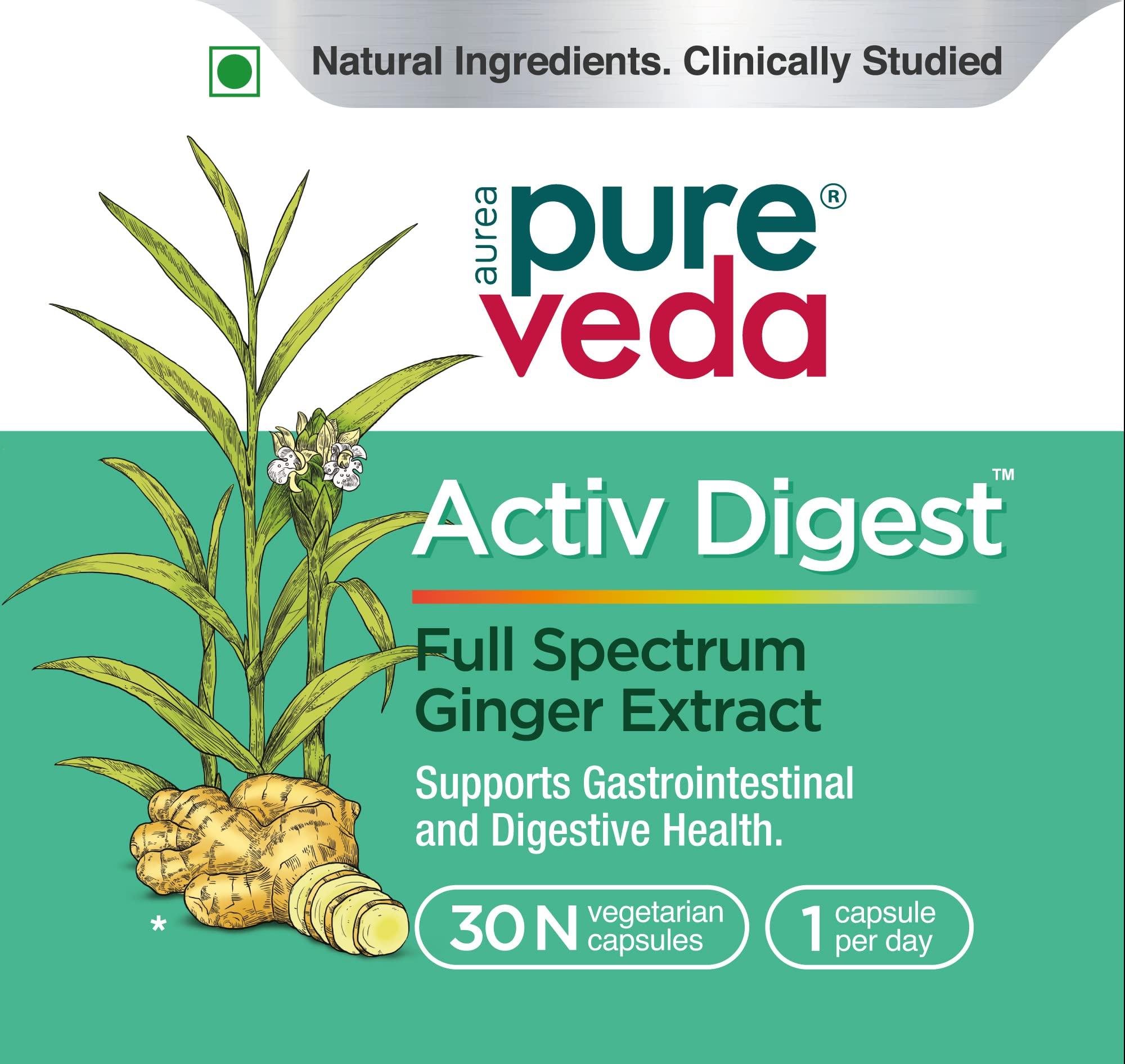 AUREA PUREVEDA Pureveda Activ Digest - Full Spectrum Ginger Extract Capsule - Natural Digestion Supplement - Improve Gastrointestinal Health - 30 Veg Capsules
