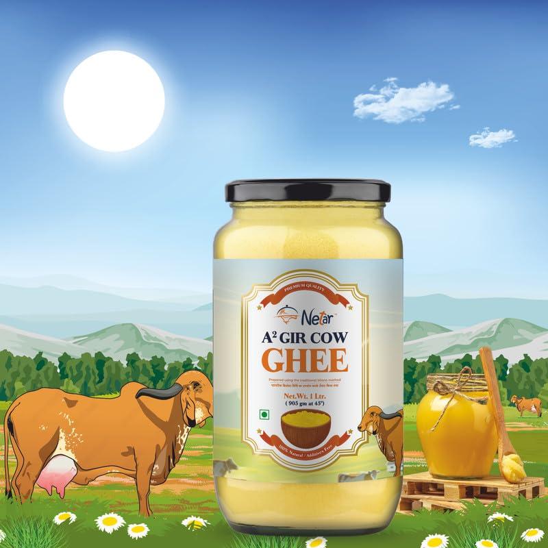 NETAR Netar Pure A2 Gir Cow Ghee 1 Ltr (Pack Of 2) | Vedic Bilona Two Way Hand Churned | Indiand Gir Cow Ghee, Natural & Healthy,| No Added Colour and Preservatives, | 1 Litre (Jar Pack Of 2).