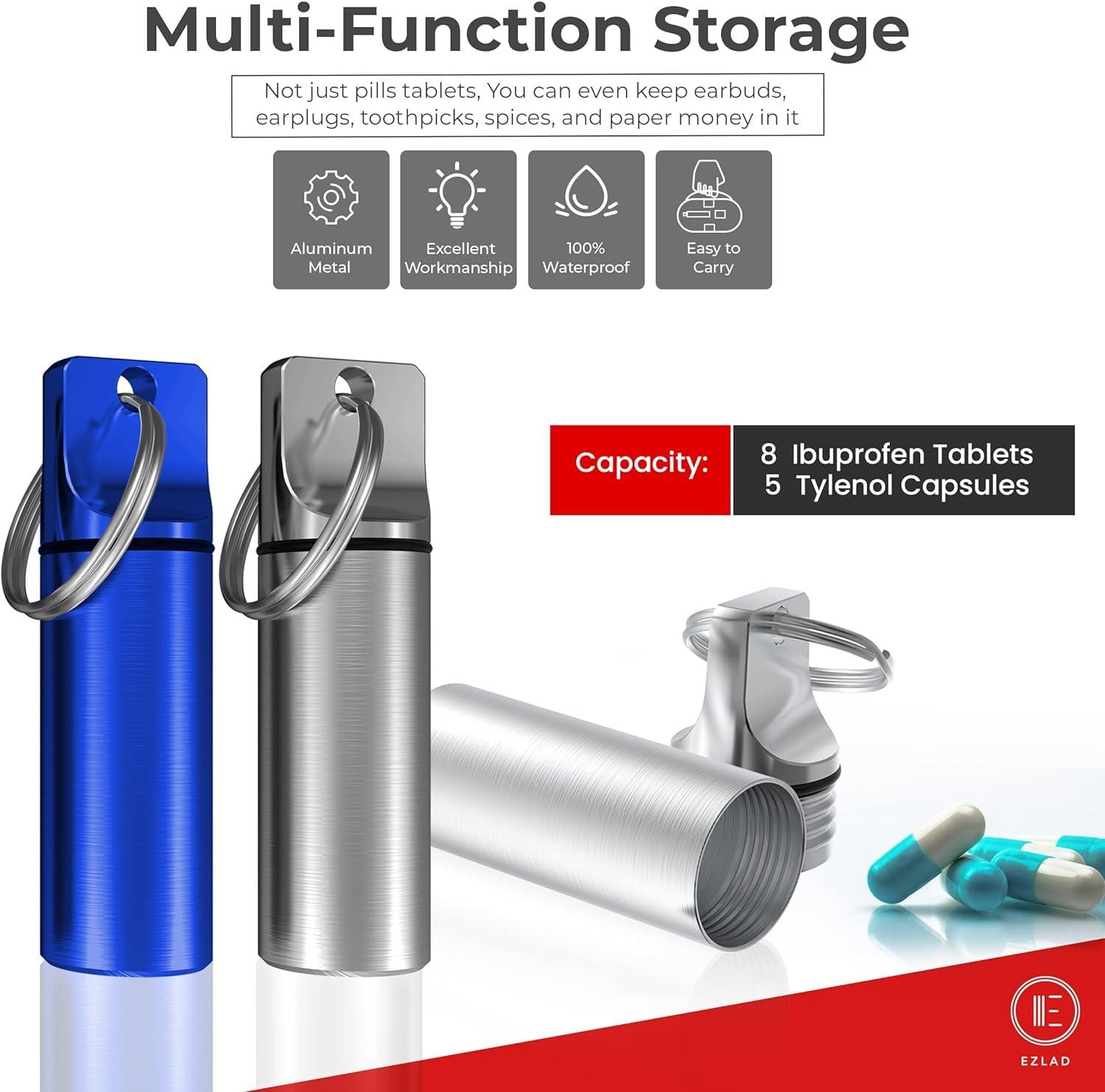 TOPPROSPER Keychain Pill Holder (5 Pack), Aluminum Waterproof Portable Small Travel Medicine Bottle Case Box Container for Purse, Mini Metal Capsule/Tablet Keeper Pocket Organizer for Men & Women