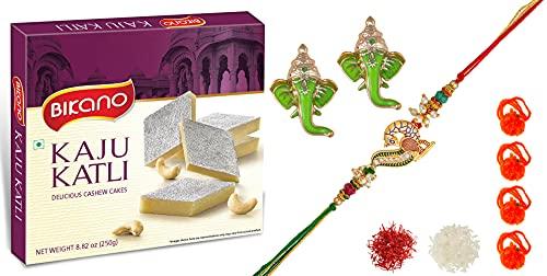 Feastive Celebrations Feastive Celebrations Bikano Kaju Katli (250 grams) with Mayur Dhwaj Rakhi, a pair of Ganesha Soan, Pooja Rakhi, Kesar(branded) , Chawal.Surprise gft for brother.