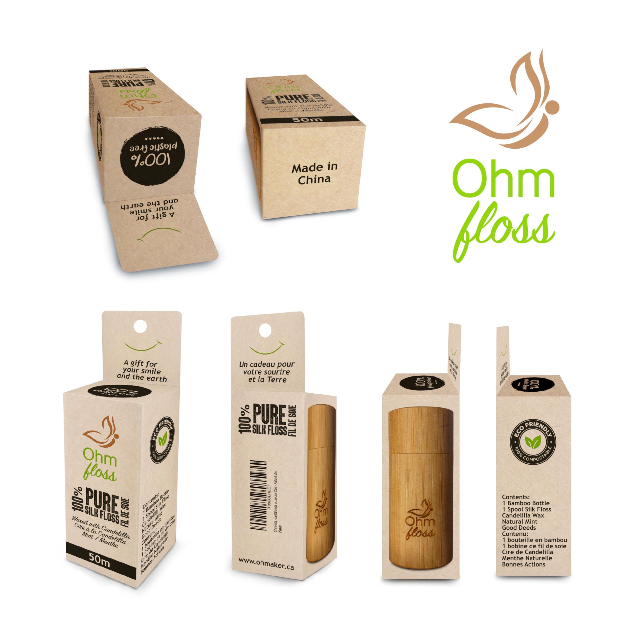 Ohm Earth Ohm Floss Biodegradable Dental Floss with Bamboo Refillable Holder, Naturally waxed with Candelilla, 100% Compostable, 55 yds/50m Natural Silk Spool Eco-Friendly Zero waste Oral Care, Natural Mint
