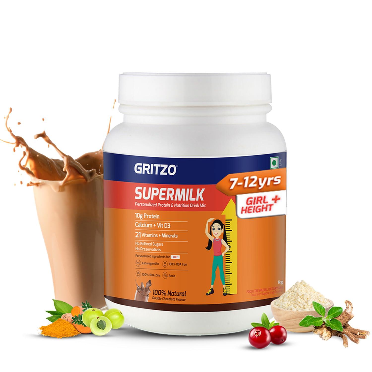 Gritzo Gritzo SuperMilk Height+ (7-12y Girls), 10g Protein Powder (Double Chocolate, 1kg) | Zero Refined Sugar, 21 Vitamins & Minerals