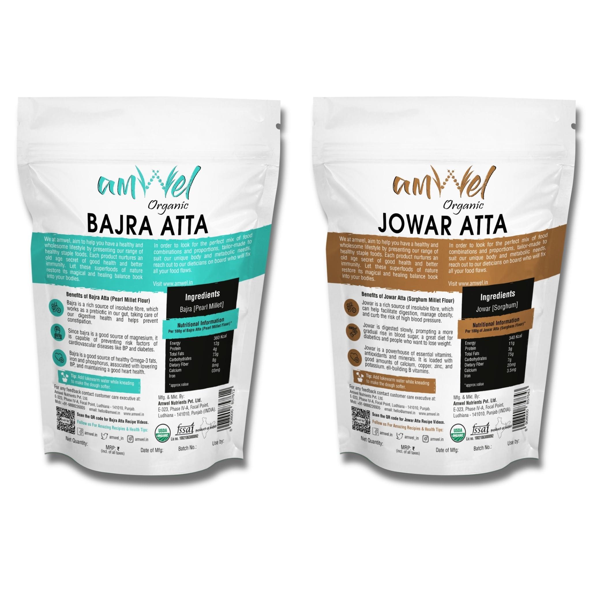 Amwel Amwel Combo of Bajra Atta 450g + Jowar Atta 450g | Pearl Millet Flour + Sorghum Flour | Gluten Free Diabetic Friendly Low GI Atta for Chapati | Helps manage weight 900g | Vacuum Packed