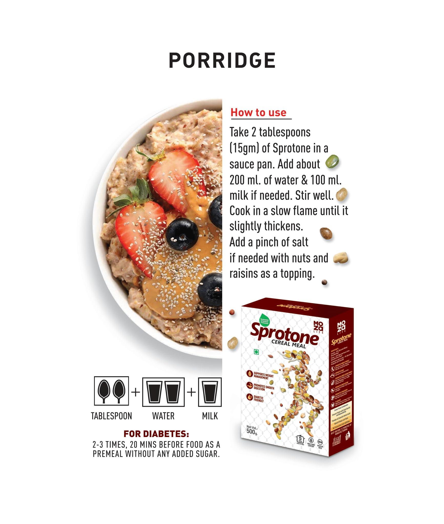 Moza Organic Moza Life Sprotone - Nutrient-Rich Cereal Meal with Sprouted Cereals, Pulses, and Multigrain Flour - Wheat, Ragi, Horse Gram, Green Gram - Healthy Vegetarian Breakfast (500 gm, Pack of 2)