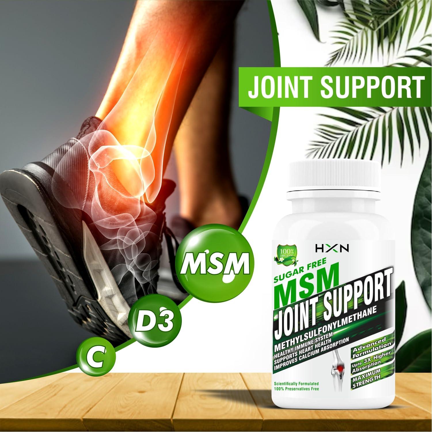 HXN HXN MSM Powder Supplements, Vitamin C, And D3, To Pain Relief And Joint Support Supplement-60 Tablets (No Capsule Pack 1)