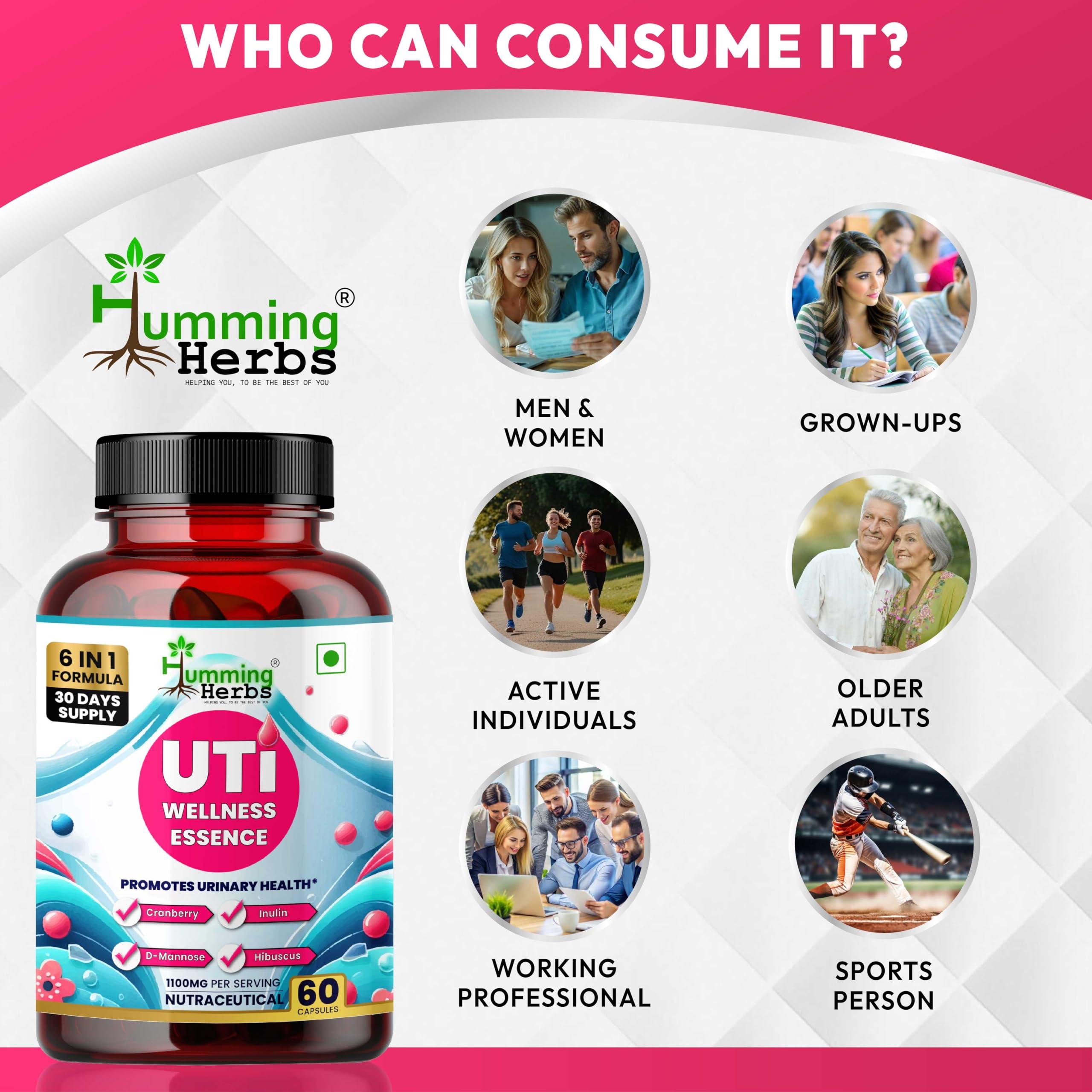 Humming Herbs Humming Herbs UTI Wellness Essence 1100mg - Advanced 8-in-1 Urinary Tract Support Formula with Cranberry, D-Mannose, & Probiotics - Promotes Bladder Health & Immunity - 60 Cap