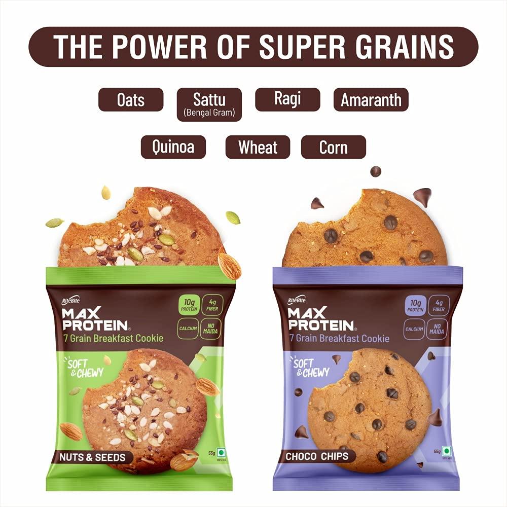 RiteBite Max Protein RiteBite Max Protein 7 Grain Breakfast Cookies - Choco Chips 660 g - Pack of 12 ( 55g x 12 ) + Nuts & Seeds 660 g - Pack of 12 ( 55g x 12 ) Combo . Protein | Fiber | Calcium | No Maida | GMO Free | No Preservatives
