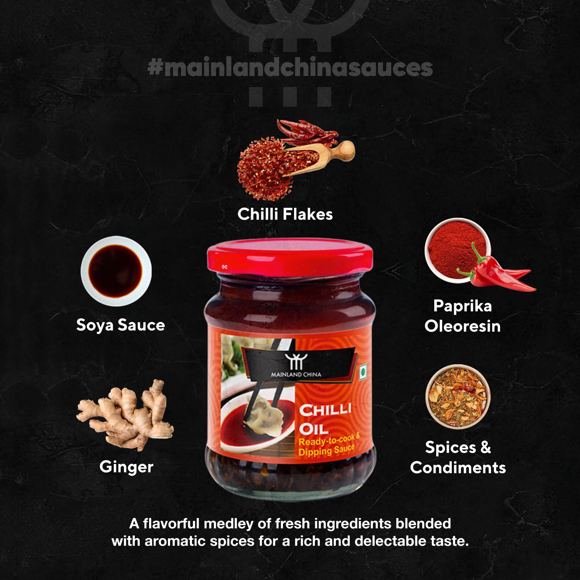 Mainland China Mainland China Chilli Oil Sauce | Extra Hot Culinary Sauce | Eat With Momos, Pizza, Noodles, Snacks, Fries, DimSums | Stir Fry Cooking Sauce | No Artificial Colour & Flavour Added | Bring Mainland China Taste at Home | Vegetarian | 200 gms | Pack of 