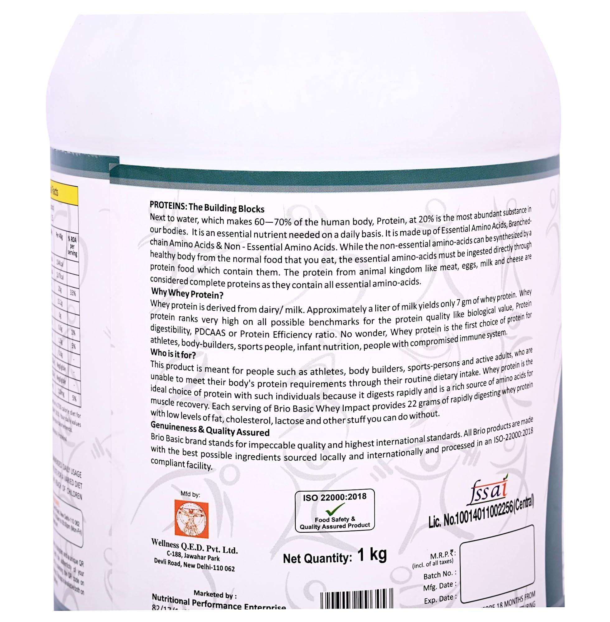 BRIO NUTRITION BRIO NUTRITION - Whey Impact Protein Powder - 20g Protein, 8.6g EAA, 4.1g BCAA, 3.1g Glutamine - Per 40g Serving [1kg jar - Rich Chocolate Flavour]