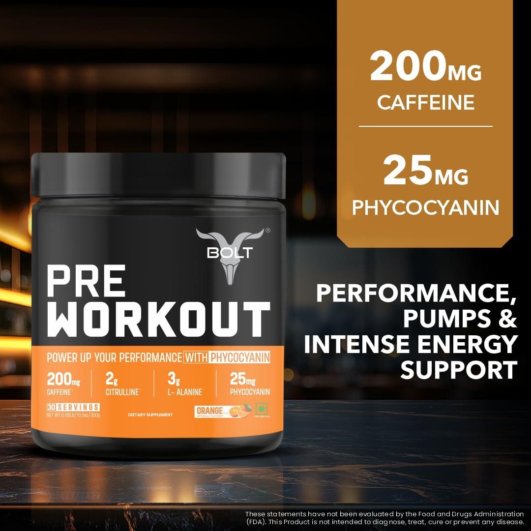 Bolt Bolt Nutrition Pre Workout Supplement With Caffeine Powder, Citrulline Malate, B-Alanine, Taurine For Explosive Energy, Pump & Focus 300G,30 Servings Orange Tangy