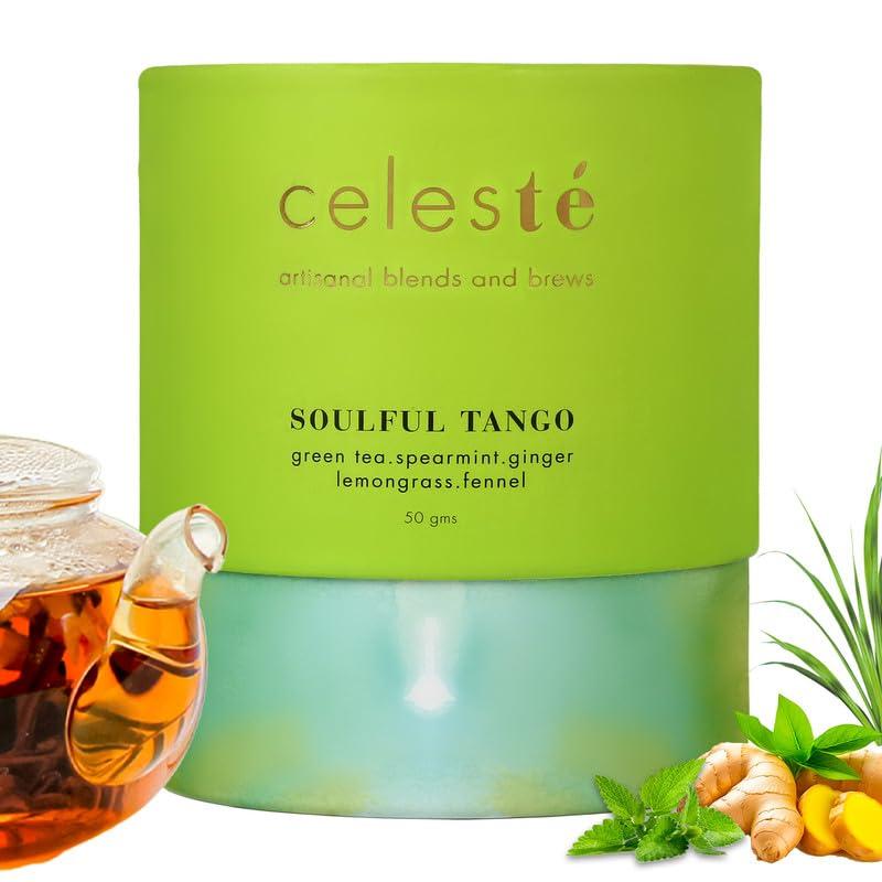 Celeste Celeste Green Tea SOULFUL TANGO Premium Whole Leaf, 100% Natural Ingredients Spearmint, Ginger, Lemongrass, Fennel and Green Tea, 50gm - 20 Cups