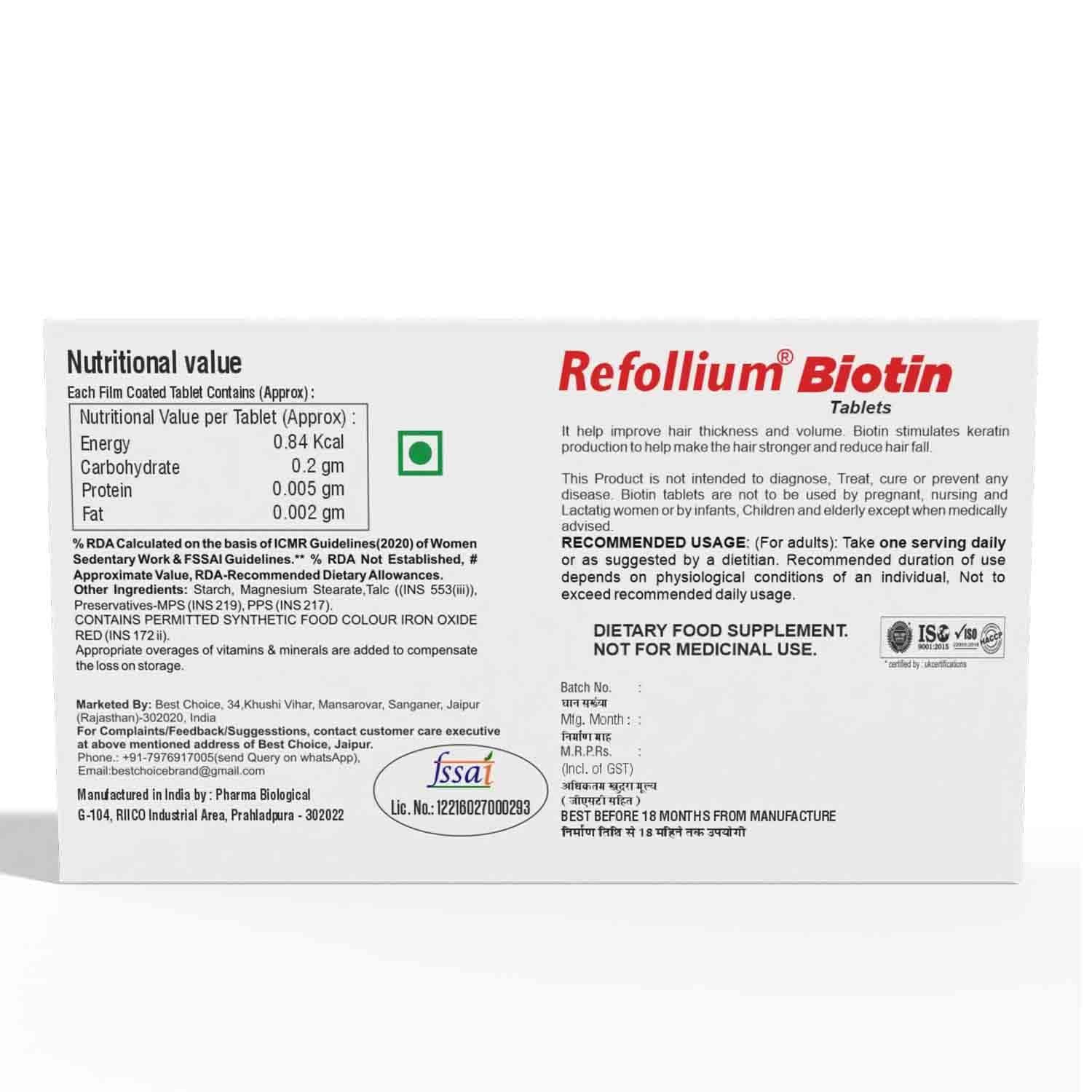 Refollium Refollium Advanced Biotin for Hair Loss and Hair Growth - Hair Vitamin Supplement for Men and Women, 30 Vegan Tablets