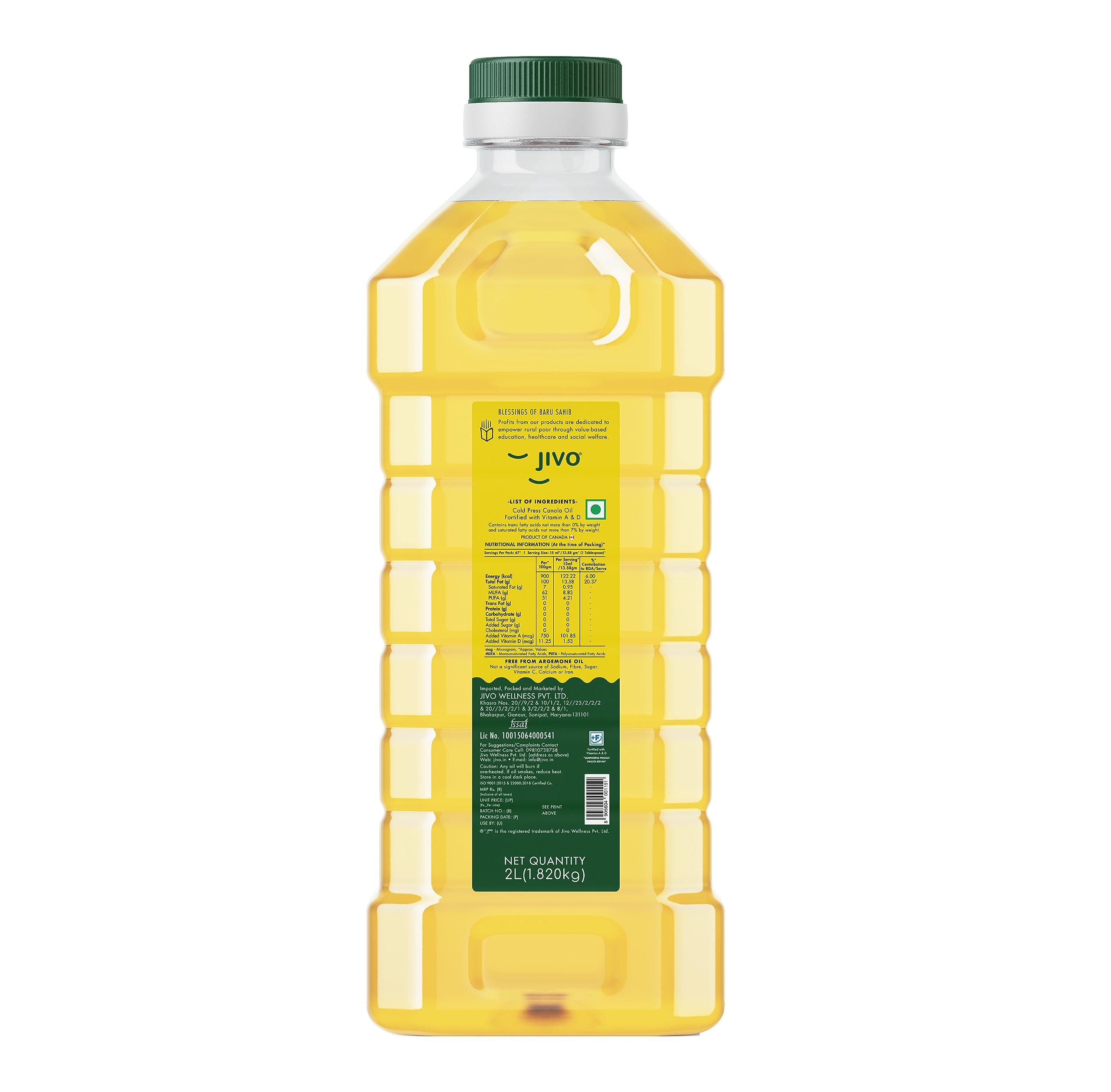 JIVO Jivo Canola Oil,2 Litre Cold Press Healthy Cooking Oil for Daily use | Recommended by Indian Medical Association | Lowest in Saturated Fat