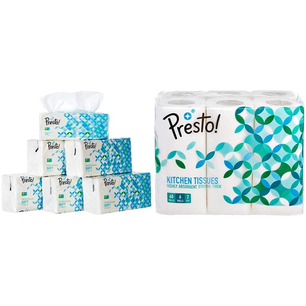 Presto! Amazon Brand - Presto! 2 Ply Facial Tissue Soft Pack - 200 Pulls (Pack of 6) & Amazon Brand - Presto! 2 Ply Kitchen Tissue/Towel Paper Roll - 6 Rolls (60 Pulls Per Roll)