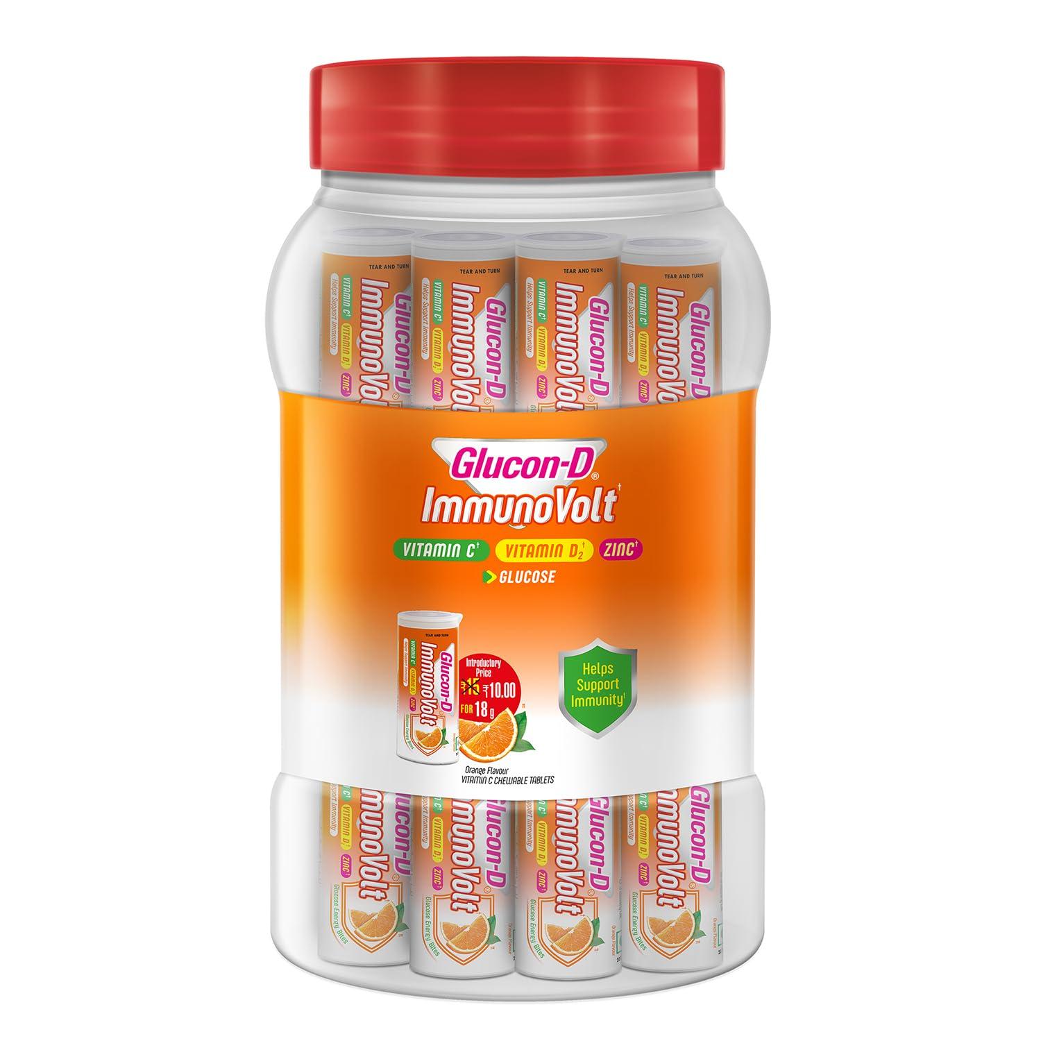 Glucon-D Glucon-D Immunovolt Energy Bite Tube (9 Chewable Tablets) 18gm (Orange - Pack of 20 Tubes)