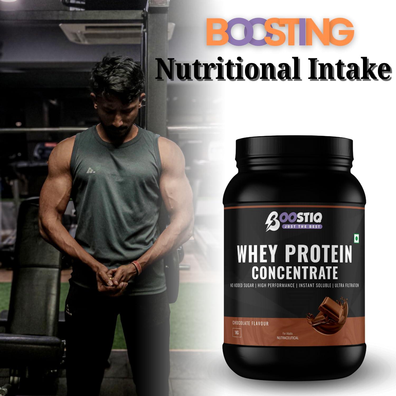 BOOSTIQ BOOSTIQ Whey Protein Concentrate 1KG Chocolate (30 Servings) | Fast Absorbing And Easy to Digest 100% Authentic Whey Protein Powder For Women, Men & Athletes | 23.7g Pure Protein Per Scoop (1KG, Chocolate)