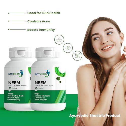 HAPPY MILLIONS HappyMillions Neem Ayurvedic Tablets | Blood Purifier, Liver Detox, Skin Health | Supports Acne and Pimple Control | 60 + 60 Tablets | Pack of 2