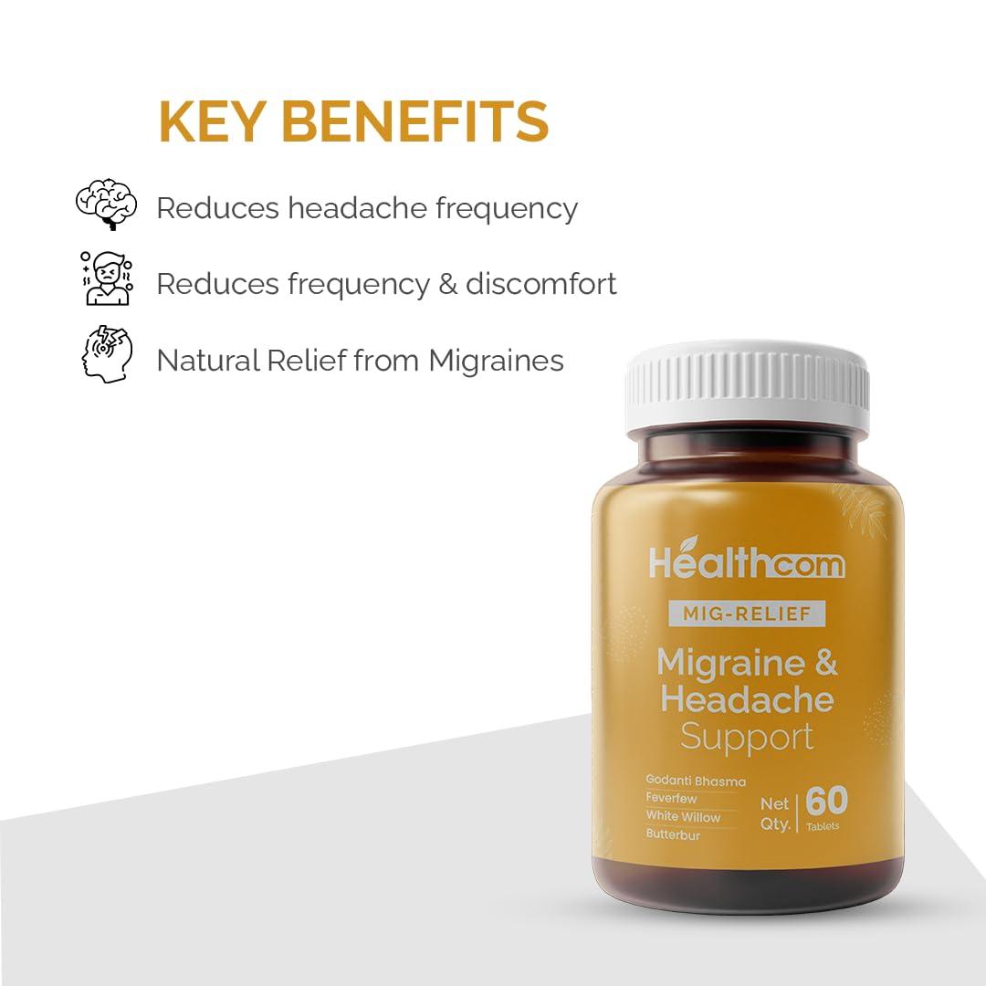 Healthcom Healthcom Herbal Ayurvedic MIG-RELIEF 60 Tablets Pack | Migraine & Headache Relieve Supplement Men & Women | Reduces Migraine, Non-Drowsy | For Optimal brain health | Helps in Reduces Frequency
