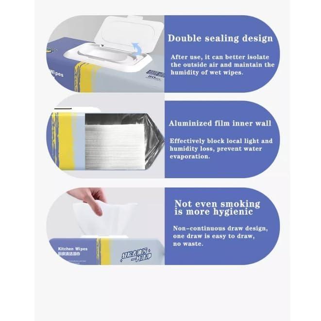 FLOBIQUE FLOBIQUE Kitchen Cleaning Wipes, Decontamination Wet Wipes, Reusable Kitchen Wet Wipes Oil and Grease Cleaning Floor Wipes Kitchen Wipes For Bowls, Kitchen, Tiles,Sinks (1 pack of 80 pcs)