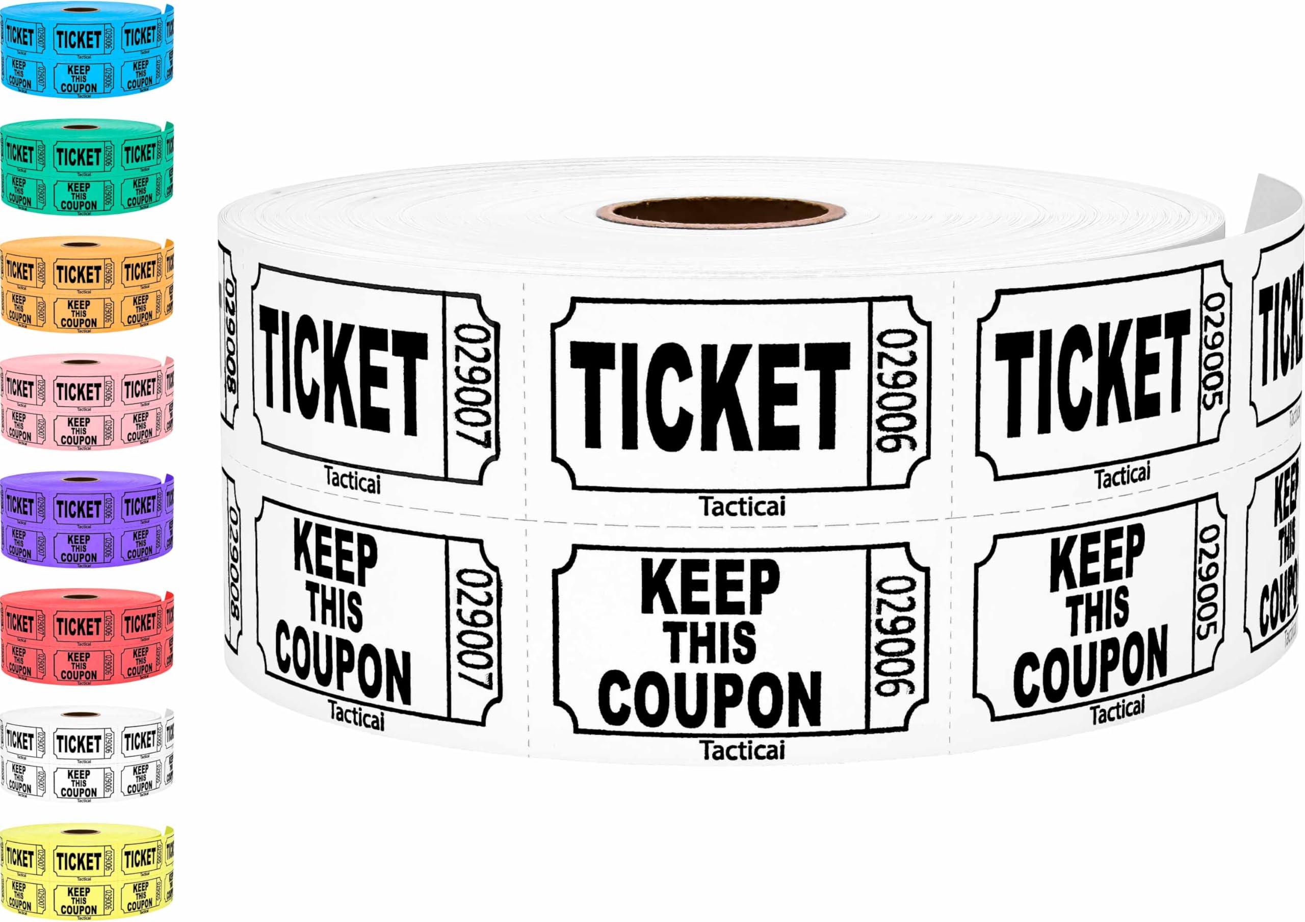 Tacticai Tacticai Raffle Tickets (8 Colors Available) for Events, Entry, Admittance, or Fundraising, Tear Away Tickets, Brightly Colored Paper (Double Roll - 1,000 Tickets - Keep - White) - Made in USA