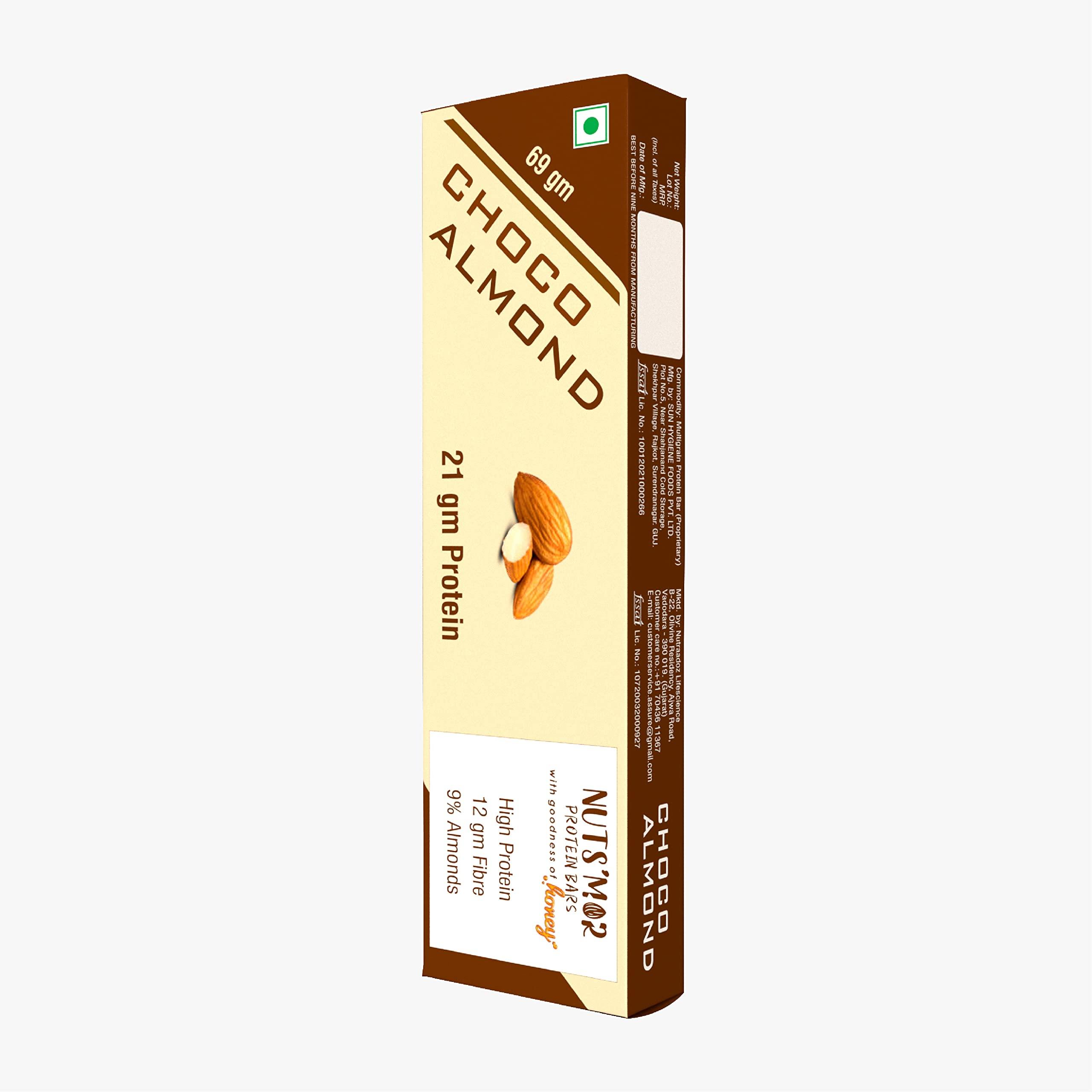 NUTS'MOR NUTS'MOR- Protein Bars-Choco Almond 21gm Protein Bar- Pack of 6 (6 x 69g) - No Added Sugar - All Natural