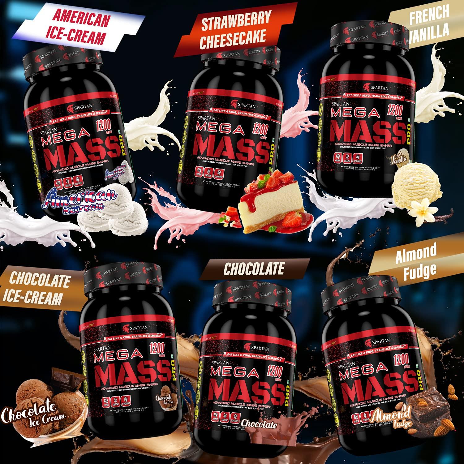 SPARTAN Spartan Nutrition Mega Mass Pro High Protein and High Calorie Mass Gainer / Weight Gainer Powder - 2.2 lbs, 1KG (French Vanilla) with Vitamins and Minerals