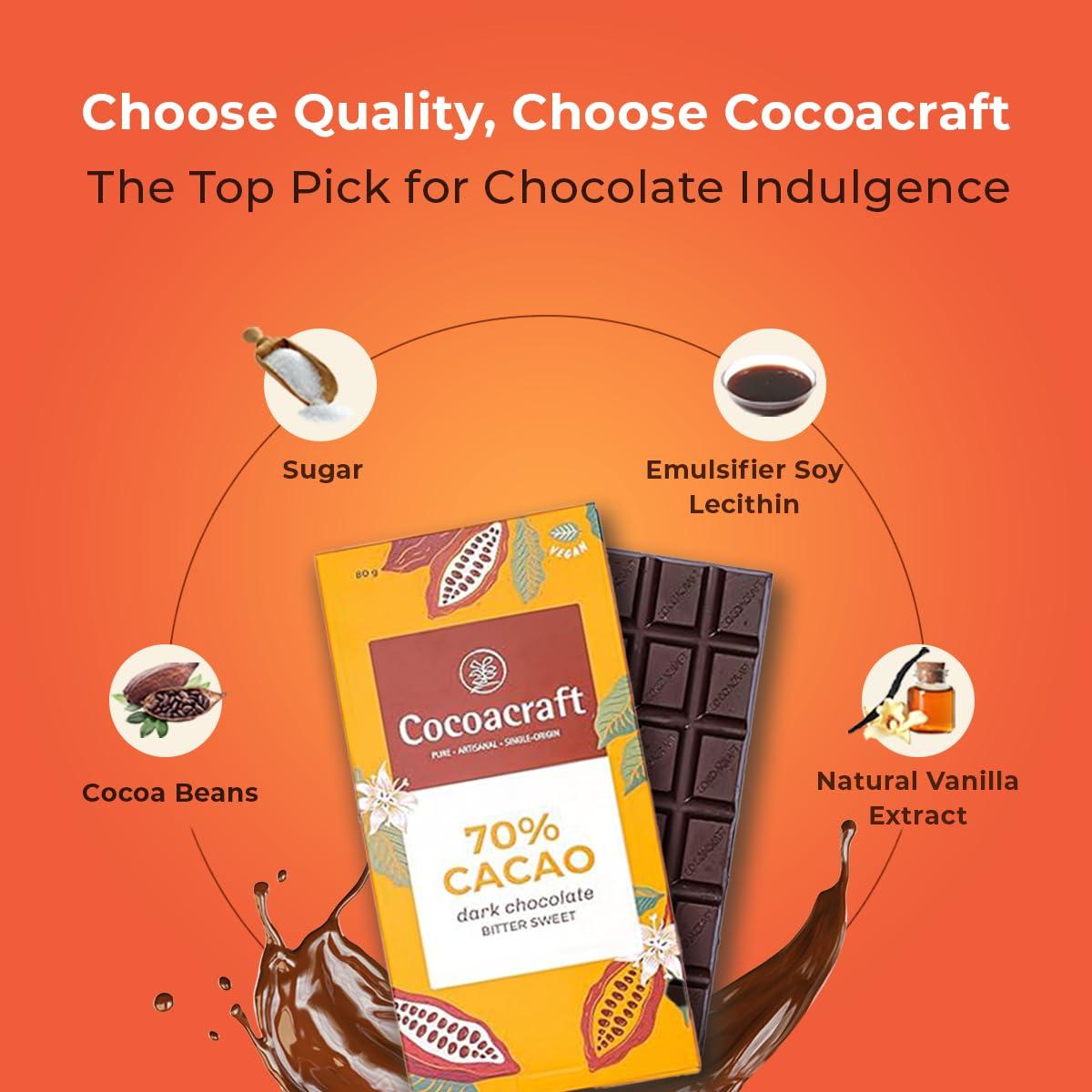 COCOACRAFT Cocoacraft 70% Bittersweet Chocolate Bar (80g) Dark Chocolate Bar| 100% Natural| Handmade Artisanal Couverture from Kerala| Ideal for Snacking and Gifting