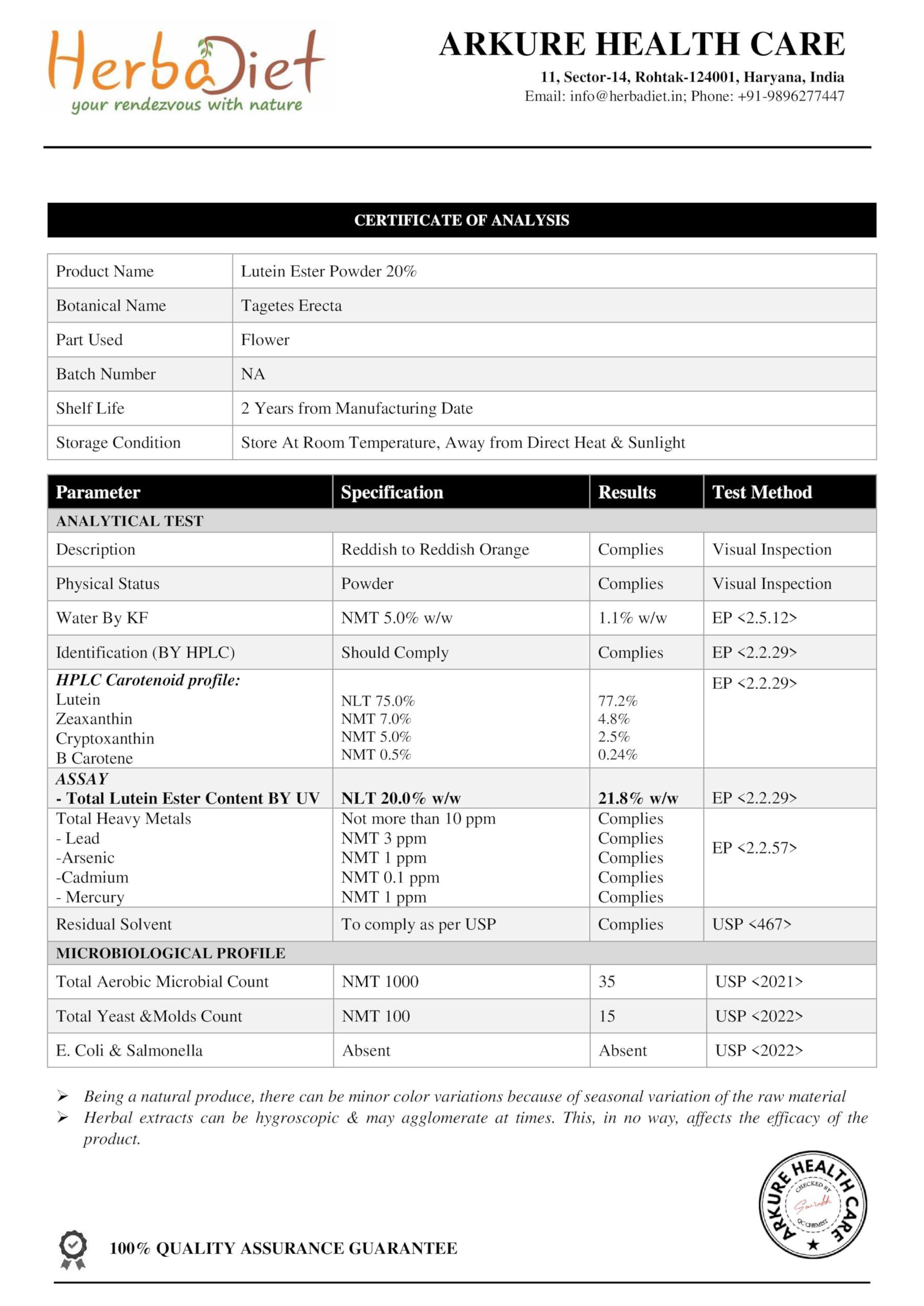Herbadiet Herbadiet Lutein Powder|50 Gram|Marigold Extract Powder 20% Lutein With Zeaxanthin|Antioxidant,Eye&Vision Health
