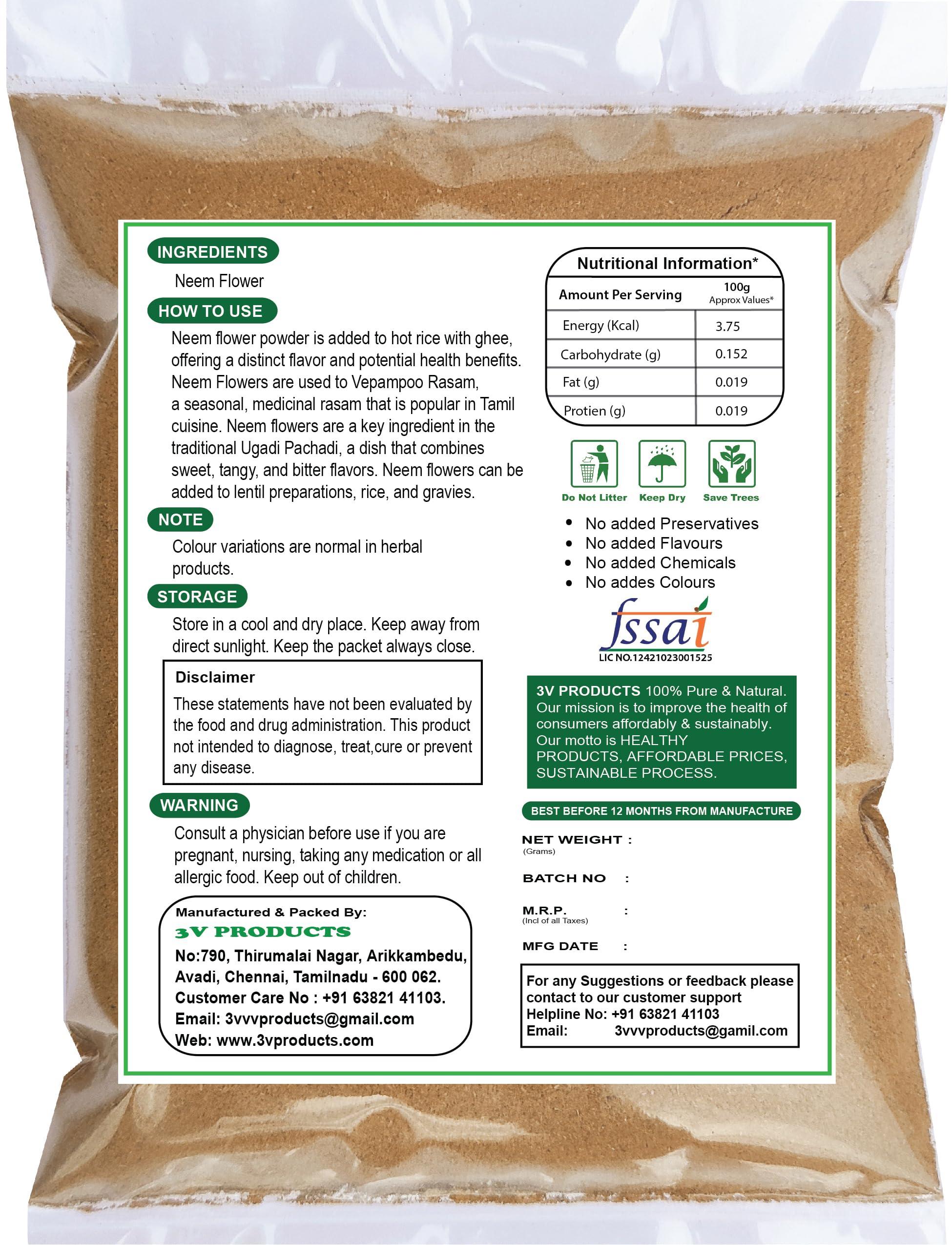 3V PRODUCTS Neem Flower Powder 50g | Veppam Poo | Indian Lilac Flower for Tea, Eating, Skin Care, Hiar Care & Health Benifits