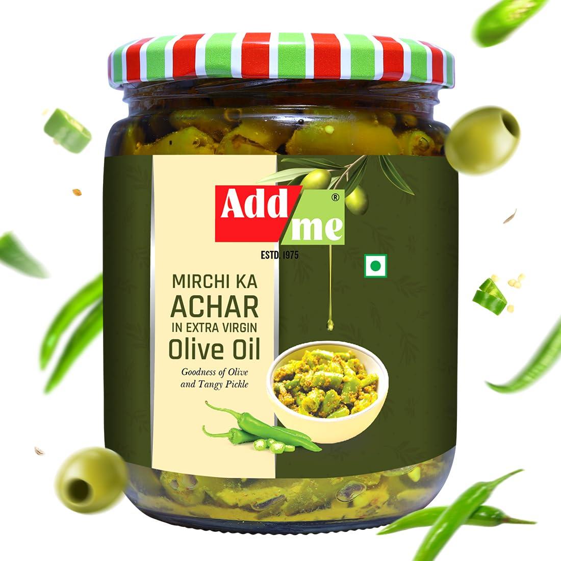Add me Add me Home Made Green Chilli Pickles in Extra Virgin Olive Oil, 500 gm Mirch ka Achar 500gm Glass Jar